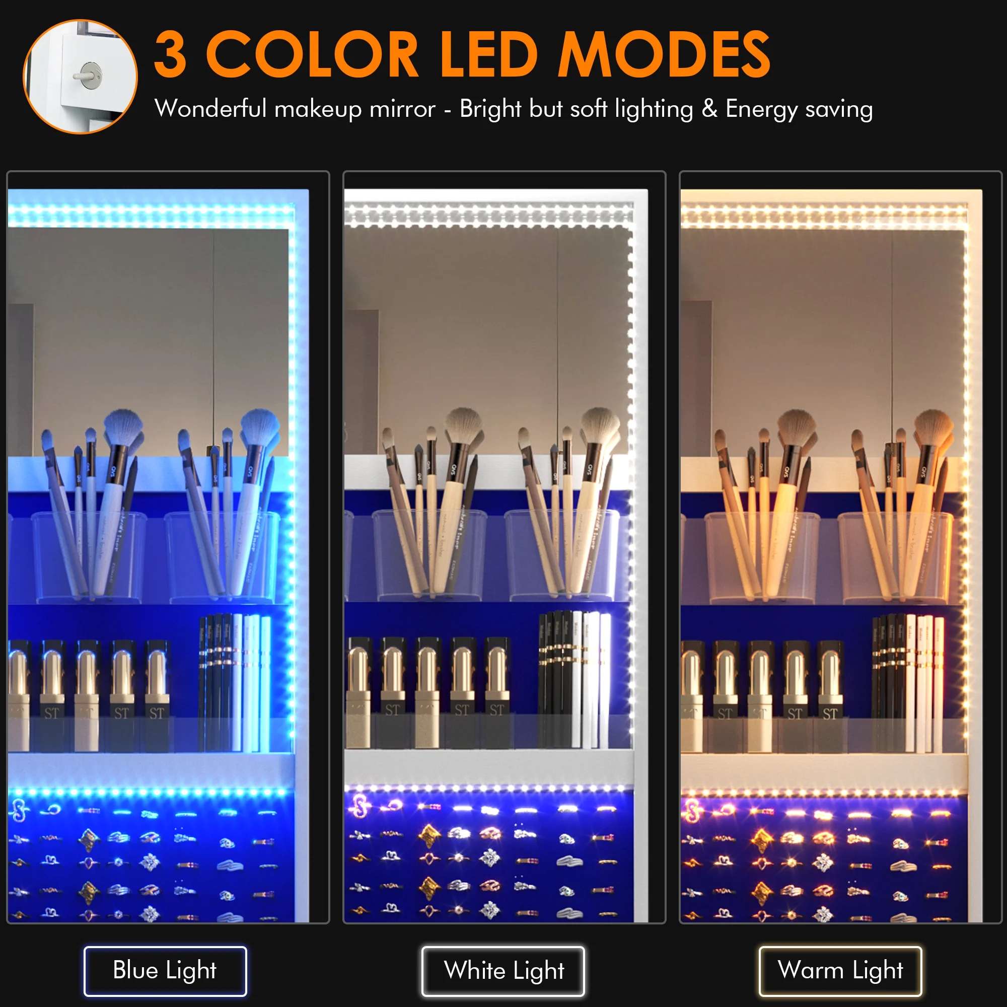 LVSOMT Roterende smykkeskrin med LED-lys og spejl i fuld længde: Stilfuld 360° opbevaring