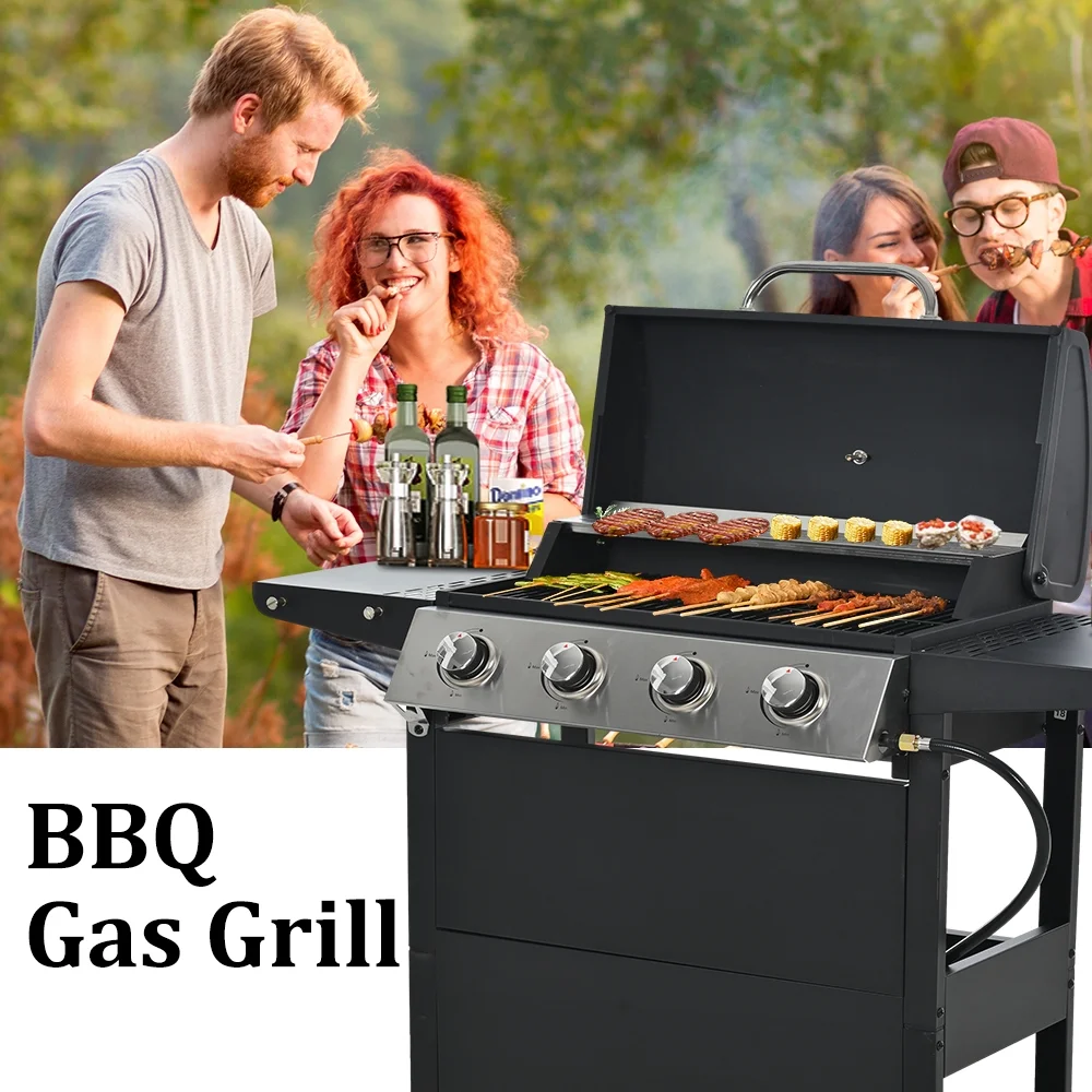 2025 SEGMART gasgrill i rustfrit stål med 4 brændere – 34.200 BTU. Have-/terrassegrill med to foldbare hylder og termometer. Ideel til camping og udendørs madlavning.
