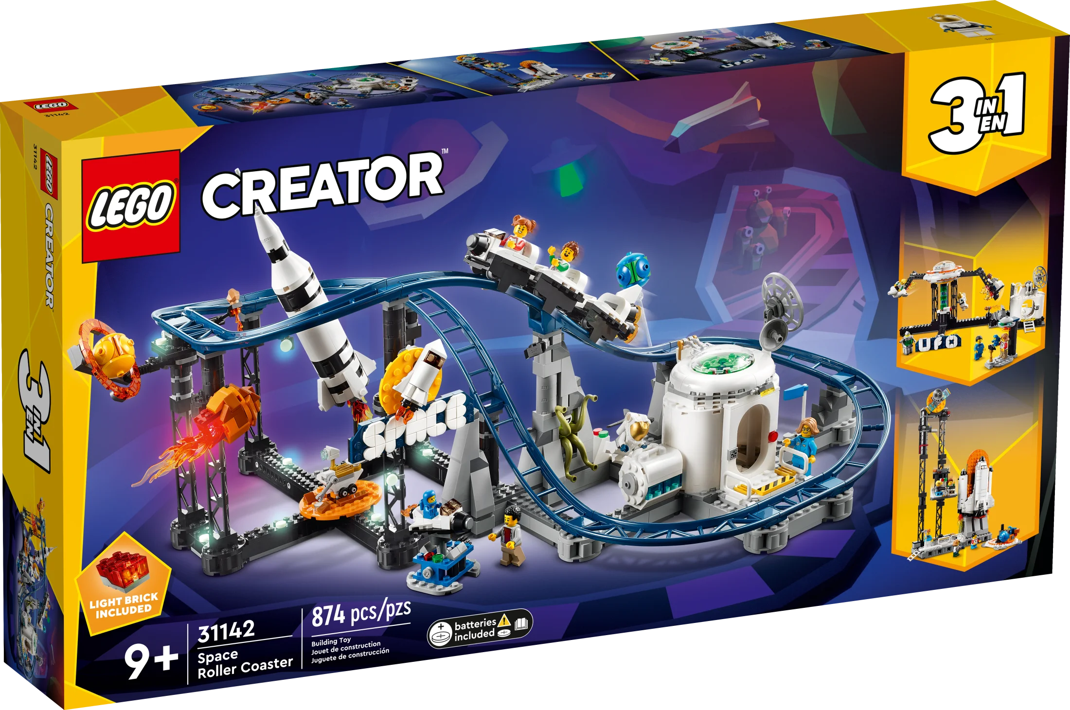 LEGO Creator 3-in-1 Weltraum-Achterbahn, umbaubarer Vergnügungspark, Baue eine Weltraum-Achterbahn, einen Freifallturm oder ein Karussell, mit 5 Minifiguren, Konstruktionsspielzeug für Kinder ab 9 Jahren, 31142
