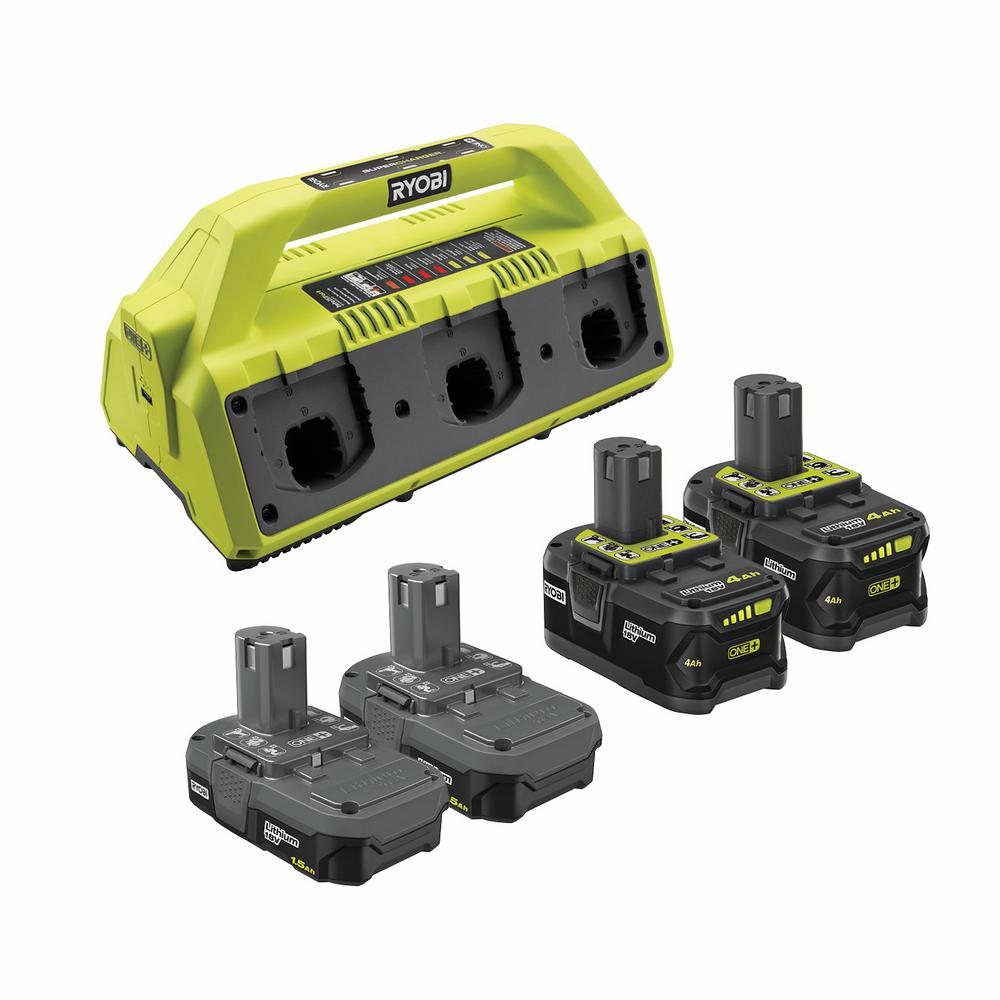 RYOBI ONE+ 18V Schnellladegerät-Set 2025 mit (2) 1,5 Ah Akkus und (2) 4,0 Ah Akkus