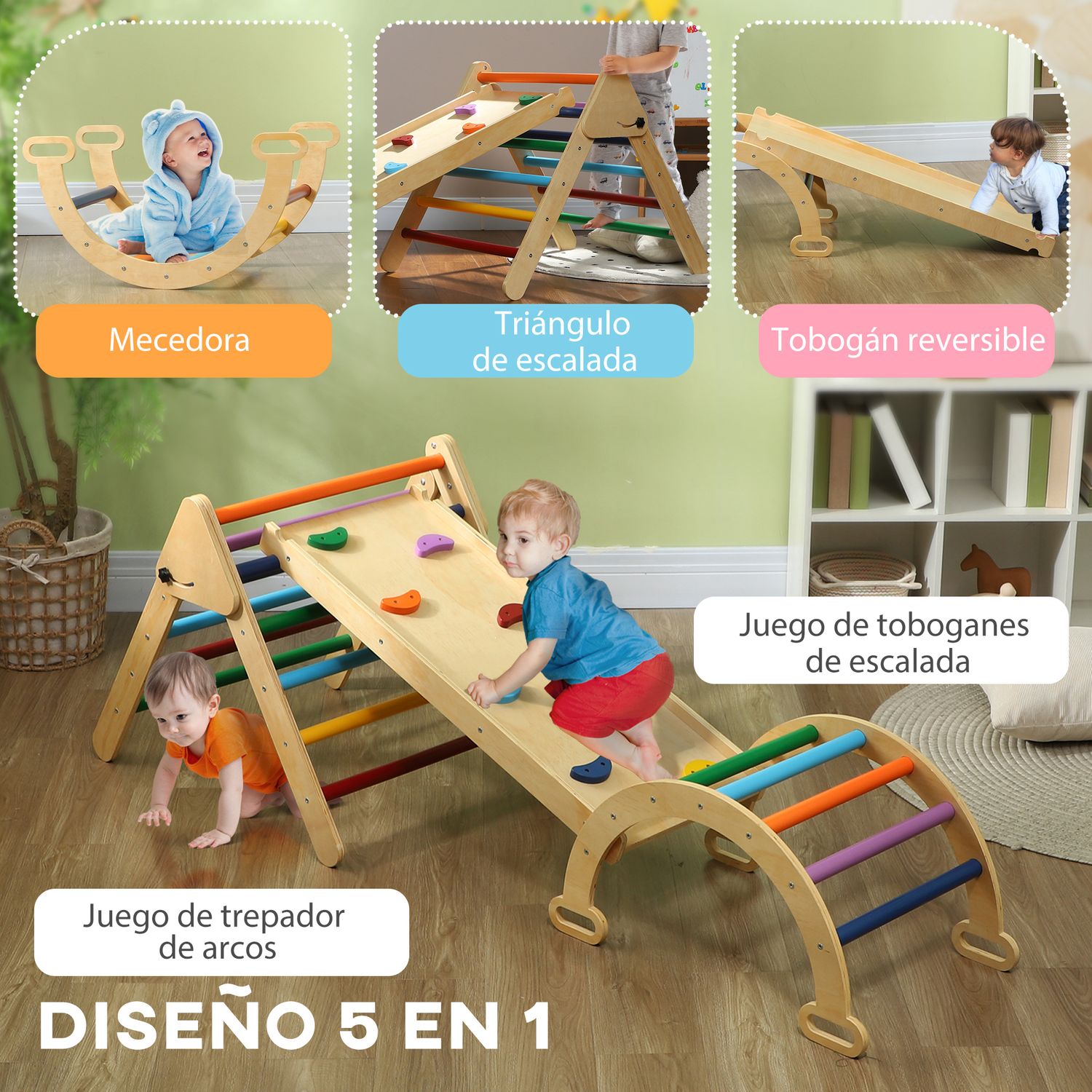 Aiyaplay 5-in-1 Mehrfarbiges Kletterdreieck aus Holz