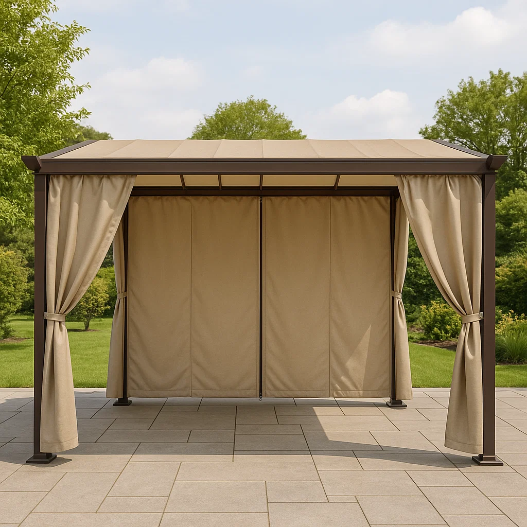 Pergola de jardin en métal avec store rétractable - Beige et marron - pour usage extérieur - 400 cm de long x 250 cm de haut x 350 cm de profondeur qNzWJau333ZJ