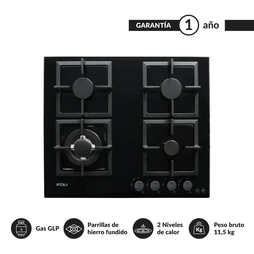 Plaque de cuisson à gaz FDV 2025, 4 brûleurs, 60 cm, noire