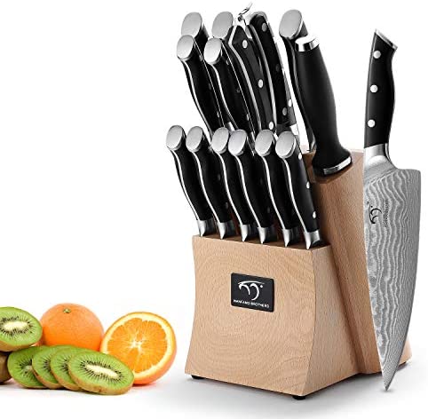 Damast-Küchenmesserset, 9-teilig mit Block, ergonomischem ABS-Griff für Kochmesser, Messerschärfer und Küchenschere, Block aus Buchenholz