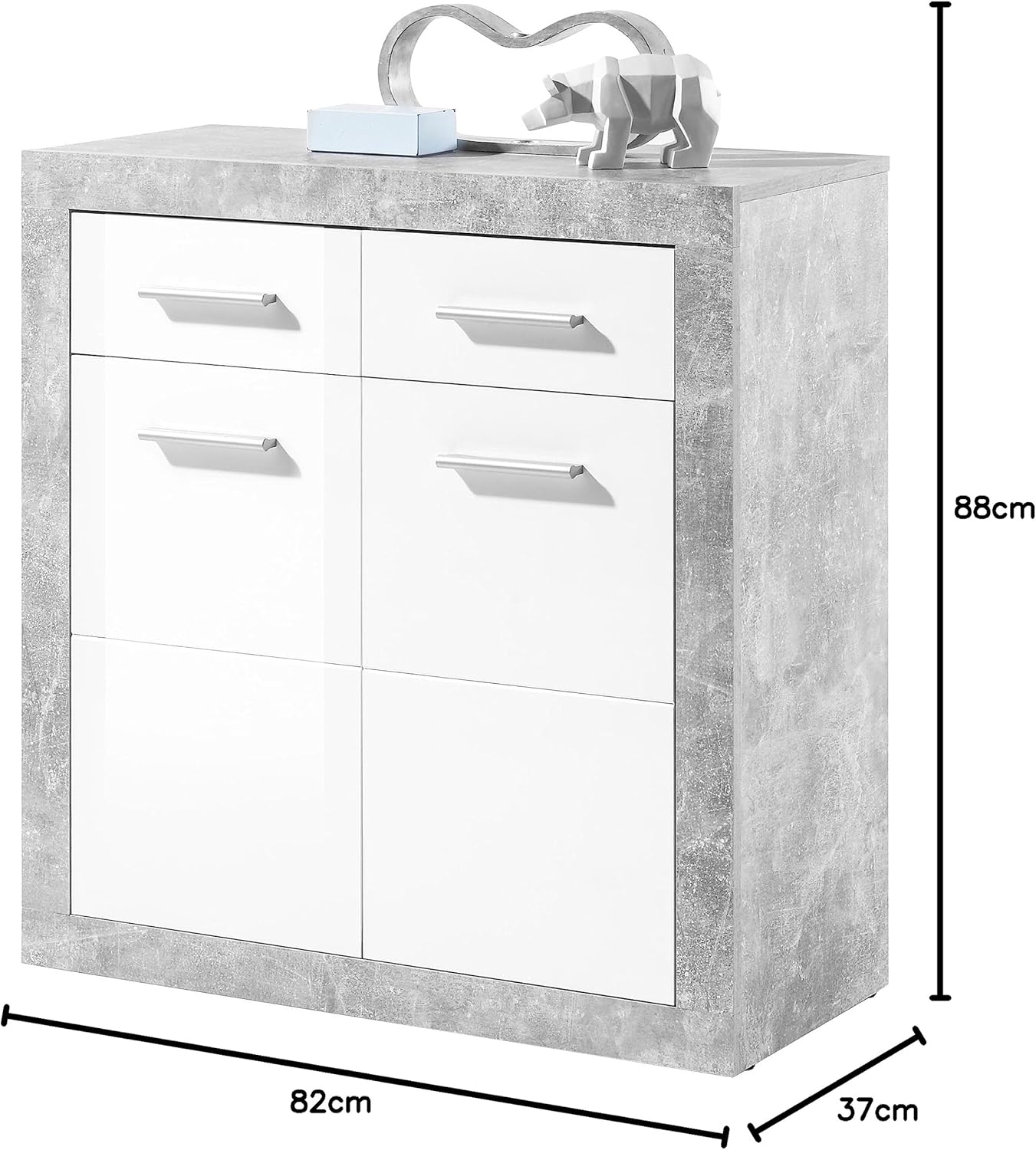 STONE Große Vitrine mit Betonoptik und hochglänzendem Weiß, moderne Vitrine mit LED-Beleuchtung und viel Stauraum, 92 x 194 x 37 cm (B x H x T)