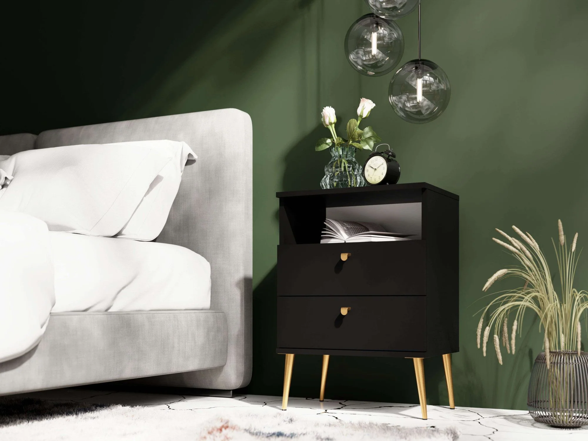 Nachttisch Elyria mit elegantem schwarzem Design und Metallgriffen – 50 cm