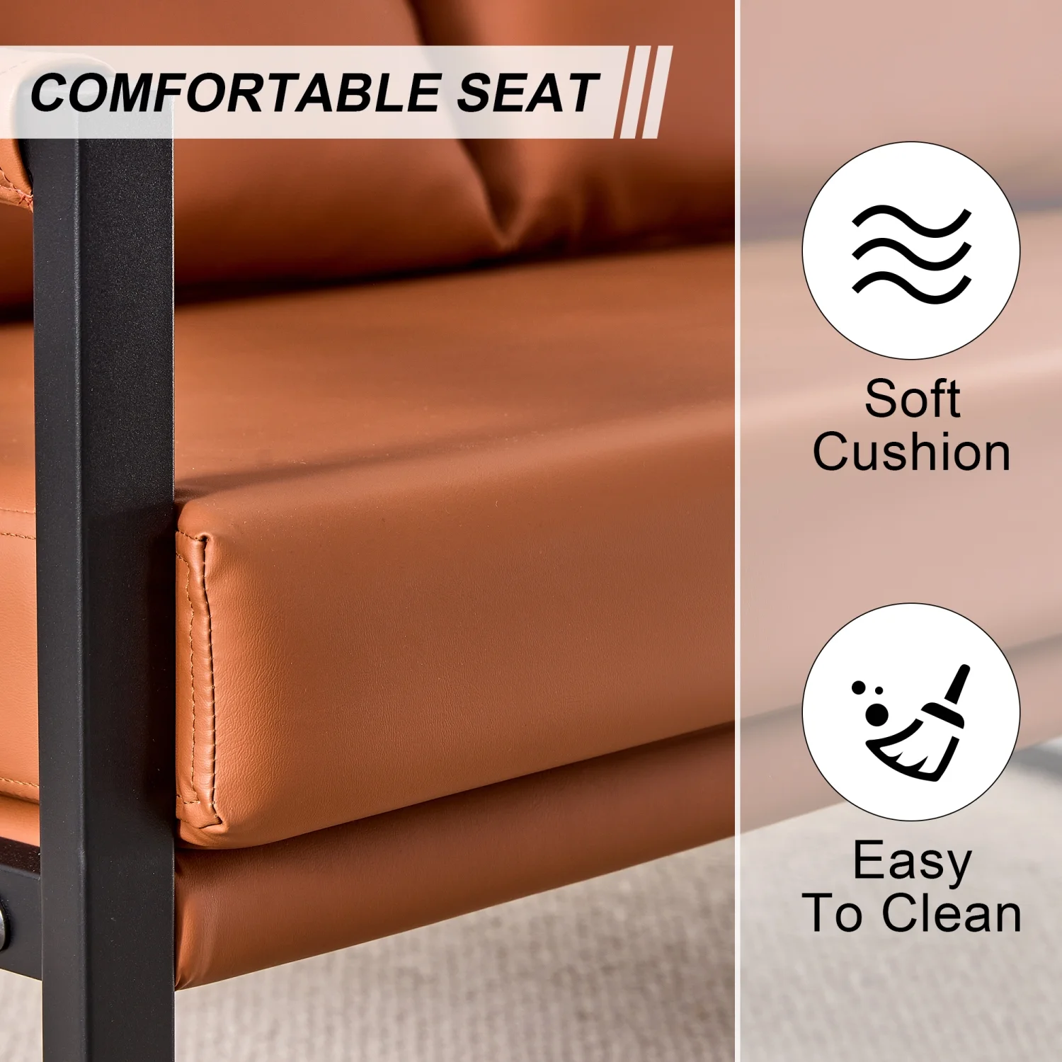 Canapé deux places moderne avec deux coussins en similicuir. Garnissage en mousse haute densité. Structure en métal laqué noir. Coloris : marron.