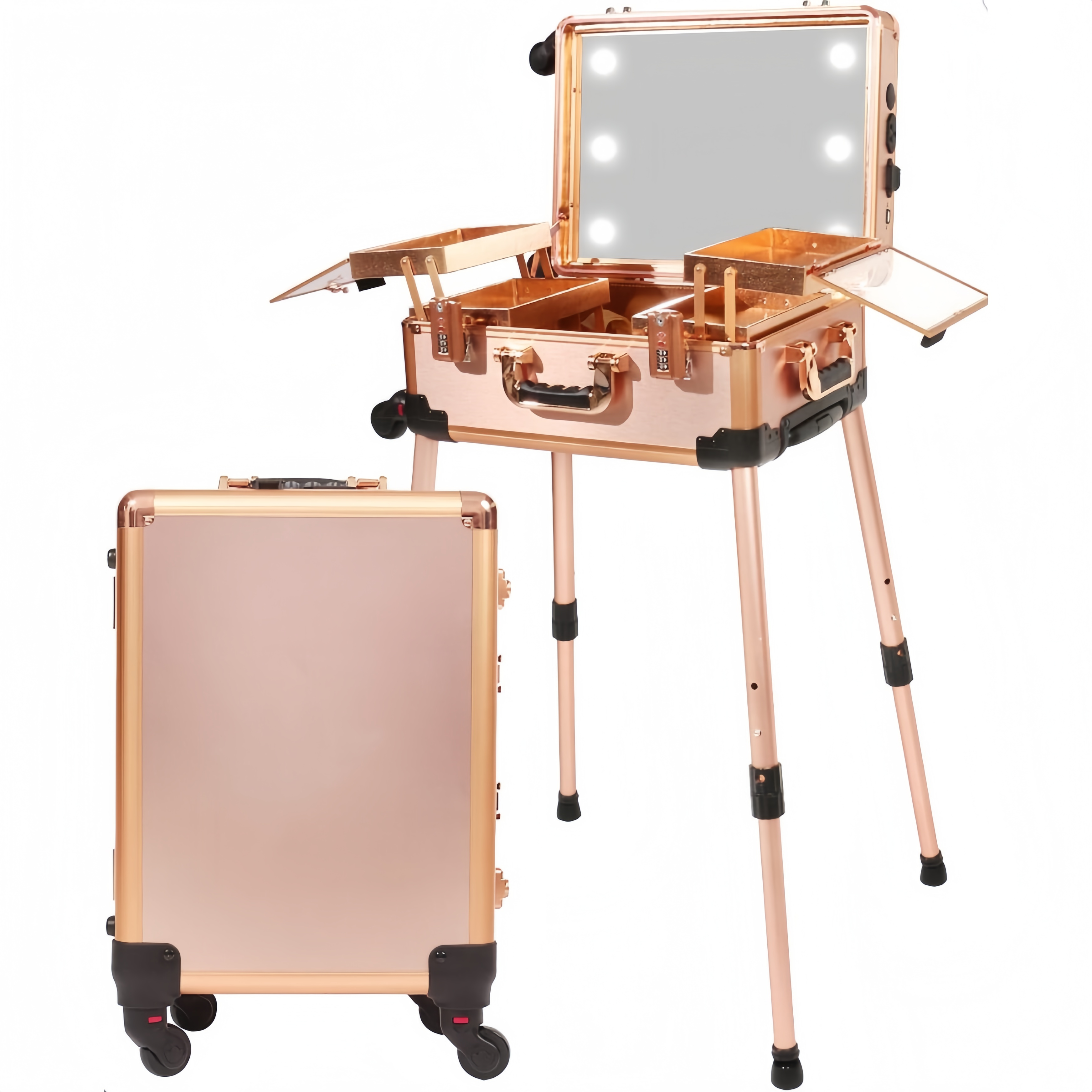 Mellemstor makeup-etui med kombinationslås, oplyst spejl, højttaler, rejsekosmetikorganisator, professionel trolley til kunstnere, fritstående studiekuffert