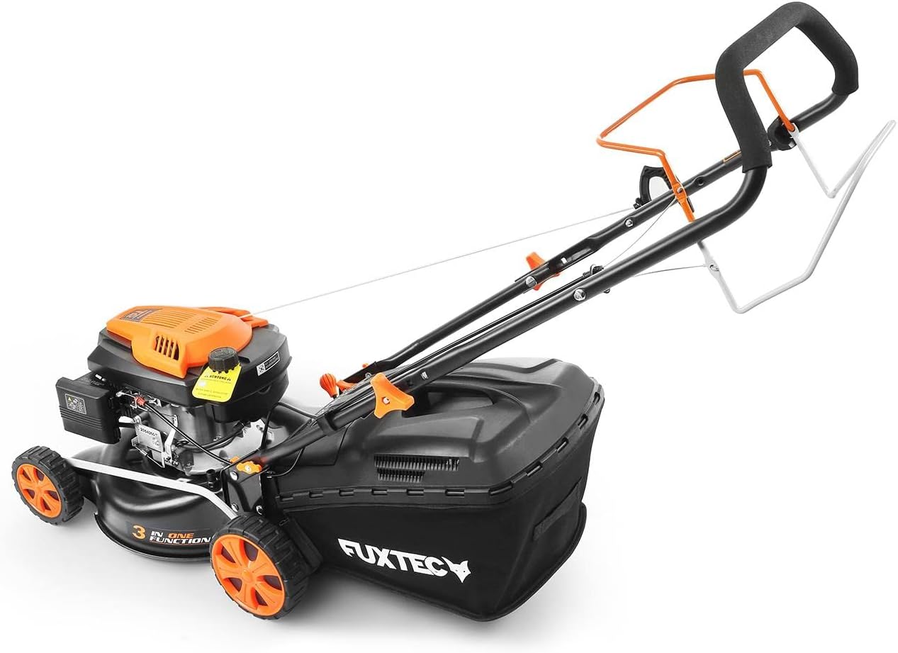 Tondeuse à gazon à essence FUXTEC FX-RM4646ECO, largeur de coupe de 46 cm, puissant moteur à essence de 146 cm³, nettoyage facile, 3 en 1, 2,6 kW, bac de ramassage mulching de 50 l.