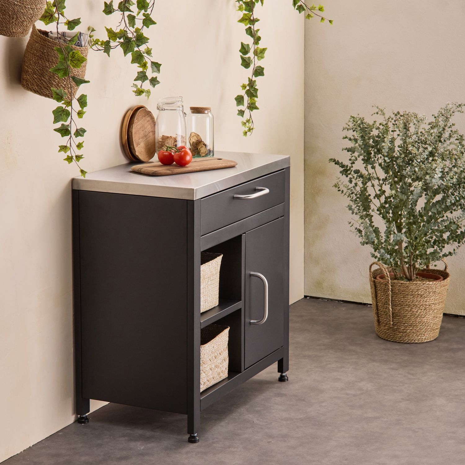 Stahl-Außenküche mit 1 Schublade und 1 Tür, 80 cm, Schwarz