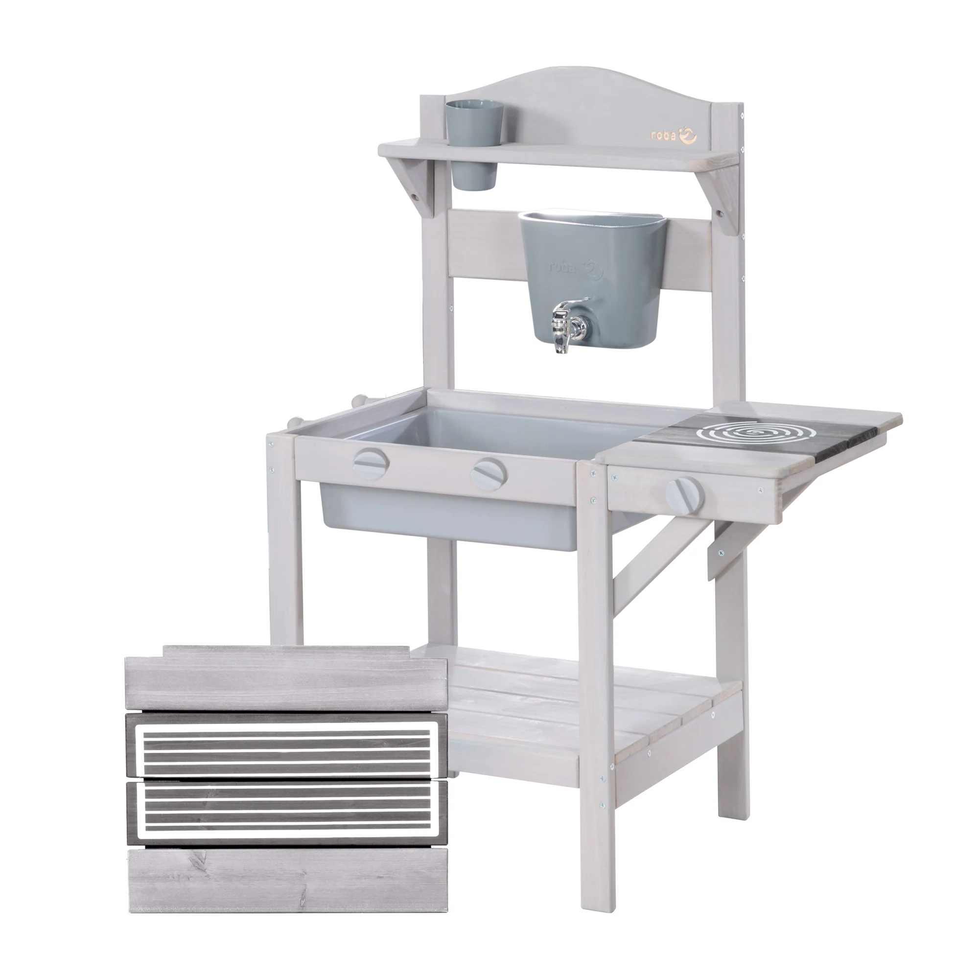 Udendørs legekøkken med tilbehør – FSC-certificeret træ – Graveret grå finish