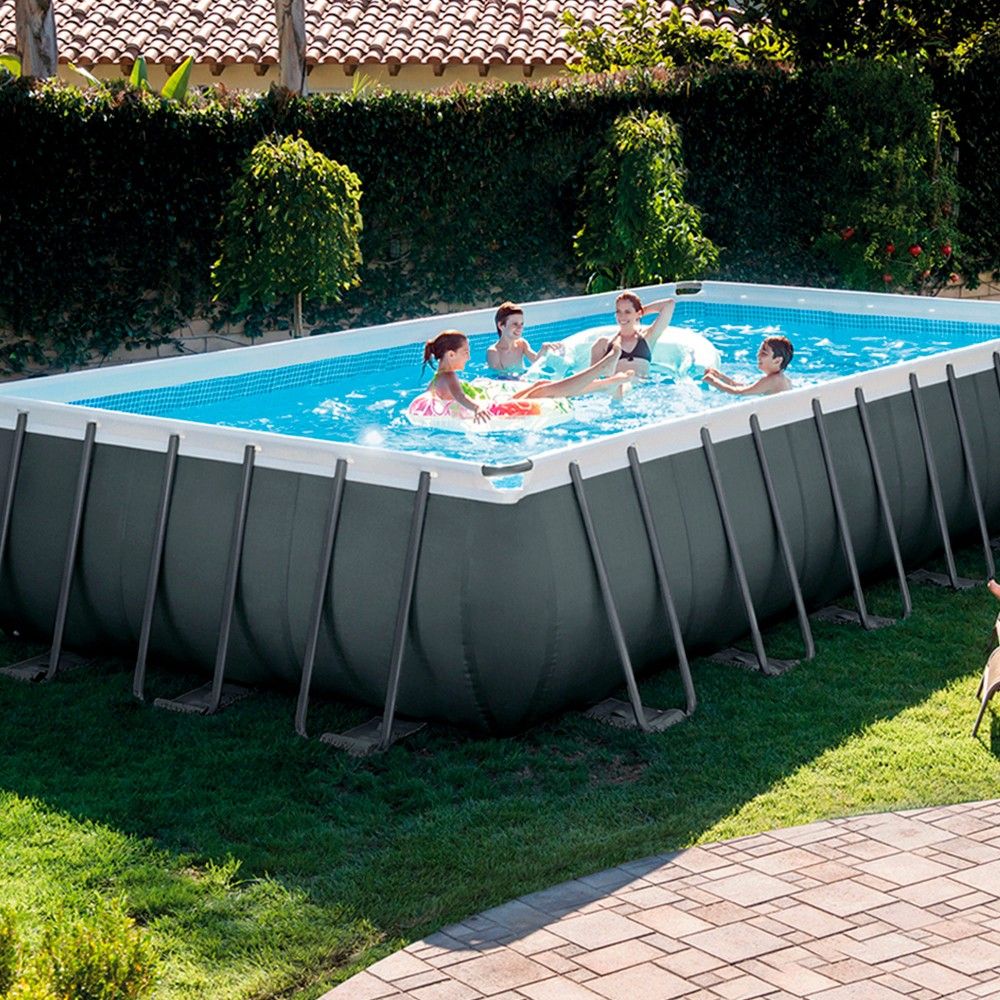 Intex Rechteckiger, röhrenförmiger PVC-Aufstellpool 732x366x132 cm Dunkelgrau mit Filterpumpe