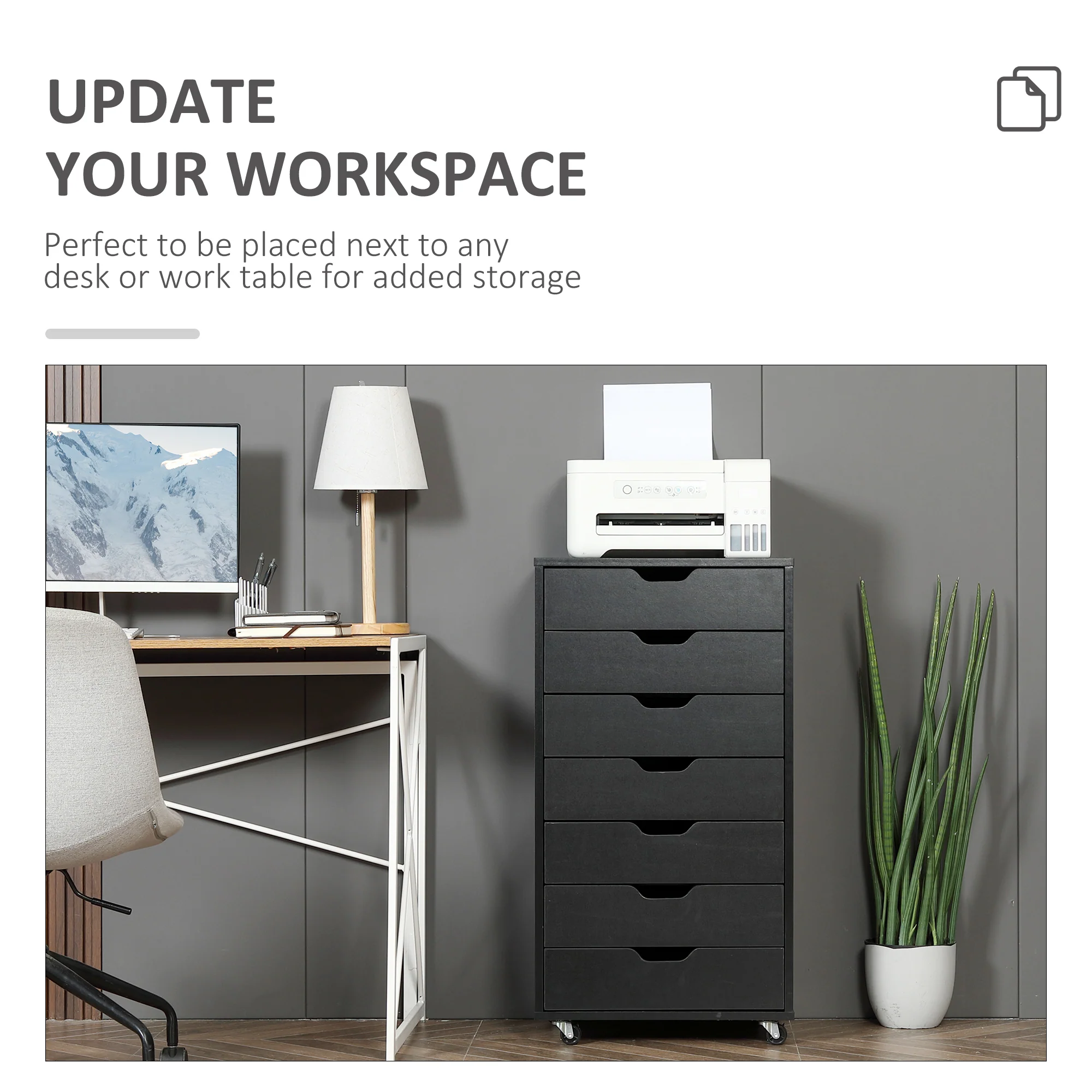 Vertikaler Aktenschrank mit 7 Schubladen. Mobiles Büromöbel mit Rollen. Schwarz.