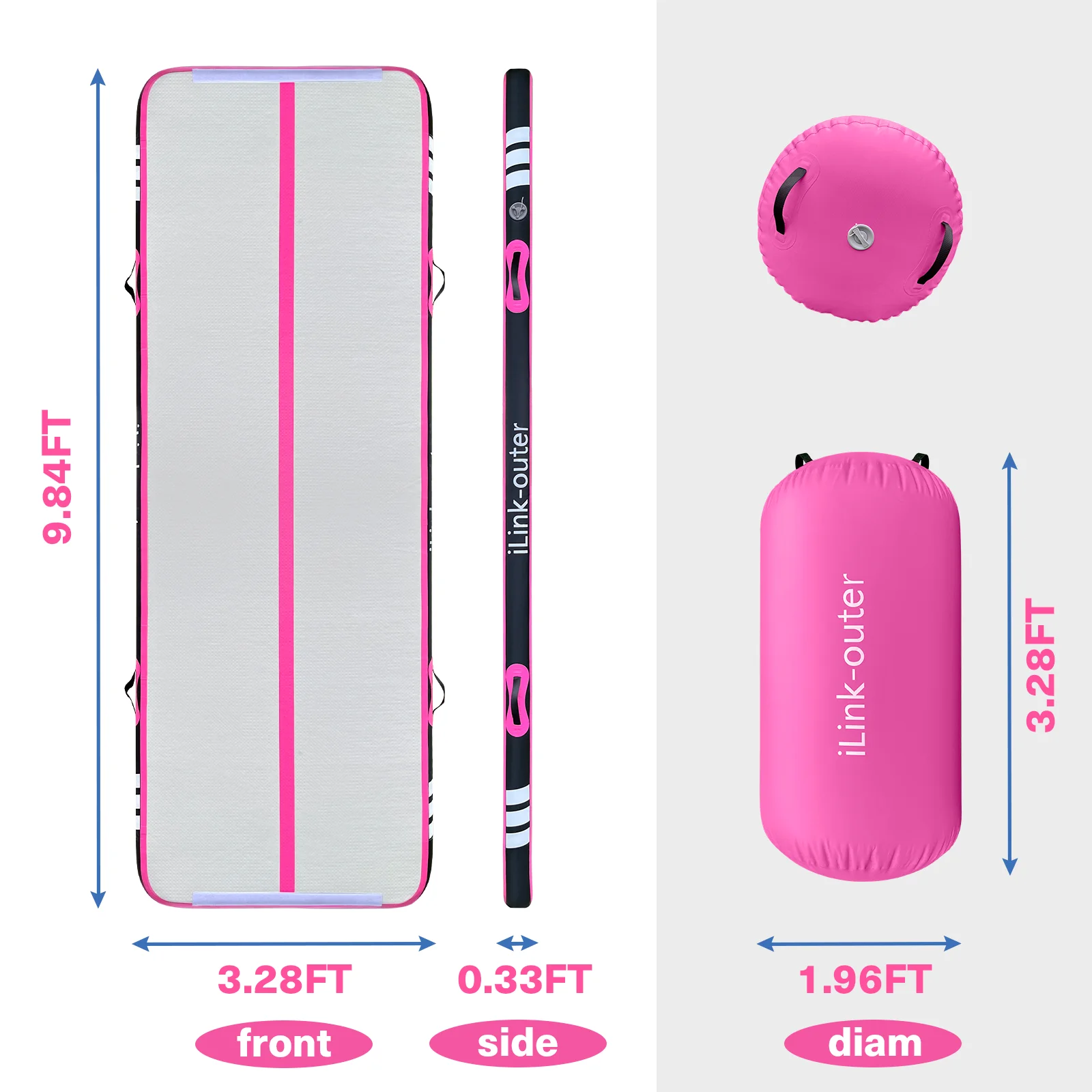 Airtrack 3 meter oppustelig træningsmåtte med rulle. 10 cm tyk træningsmåtte med elektrisk pumpesæt – til hjemmet, fitnesscentret eller udendørs.