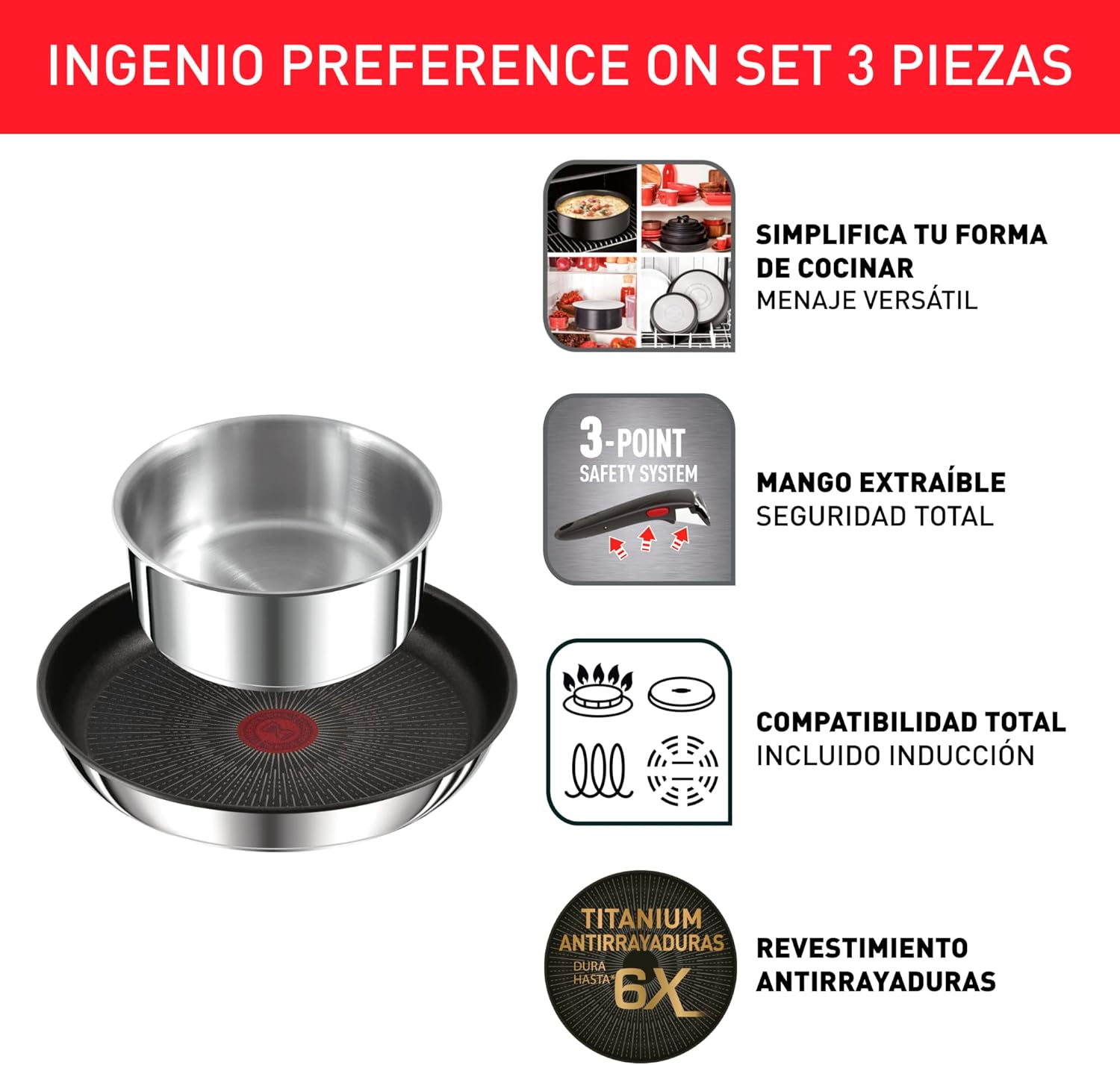 Tefal Ingenio Preference On Set: 2 Bratpfannen (24/28 cm) + 2 Stielkasserollen (16/20 cm) + 24 cm Topf + 26 cm Wok + 2 abnehmbare Griffe + 5 Zubehörteile | Induktionsgeeignet, antihaftbeschichtet, PFOA-frei