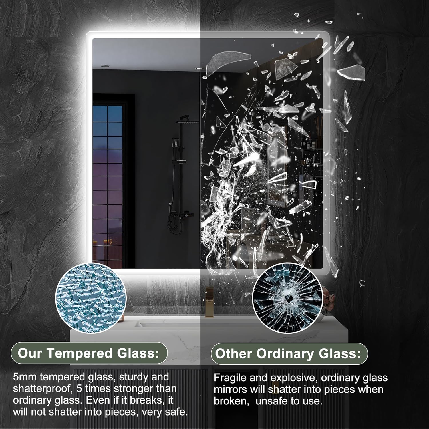 S'bagno badeværelsesspejl med lys 1200x700mm, IP44 - badeværelsesspejl med LED og Bluetooth, antidugfunktion / 3 lysfarver (3000K, 4000K, 6500K) / Dæmpbar / Memory, lodrette eller vandrette badeværelsesspejle med LED