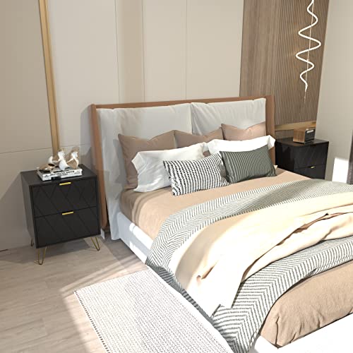 2025 Anbuy Sort Natbord med Guldhåndtag – Sidebord med 2 Skuffer