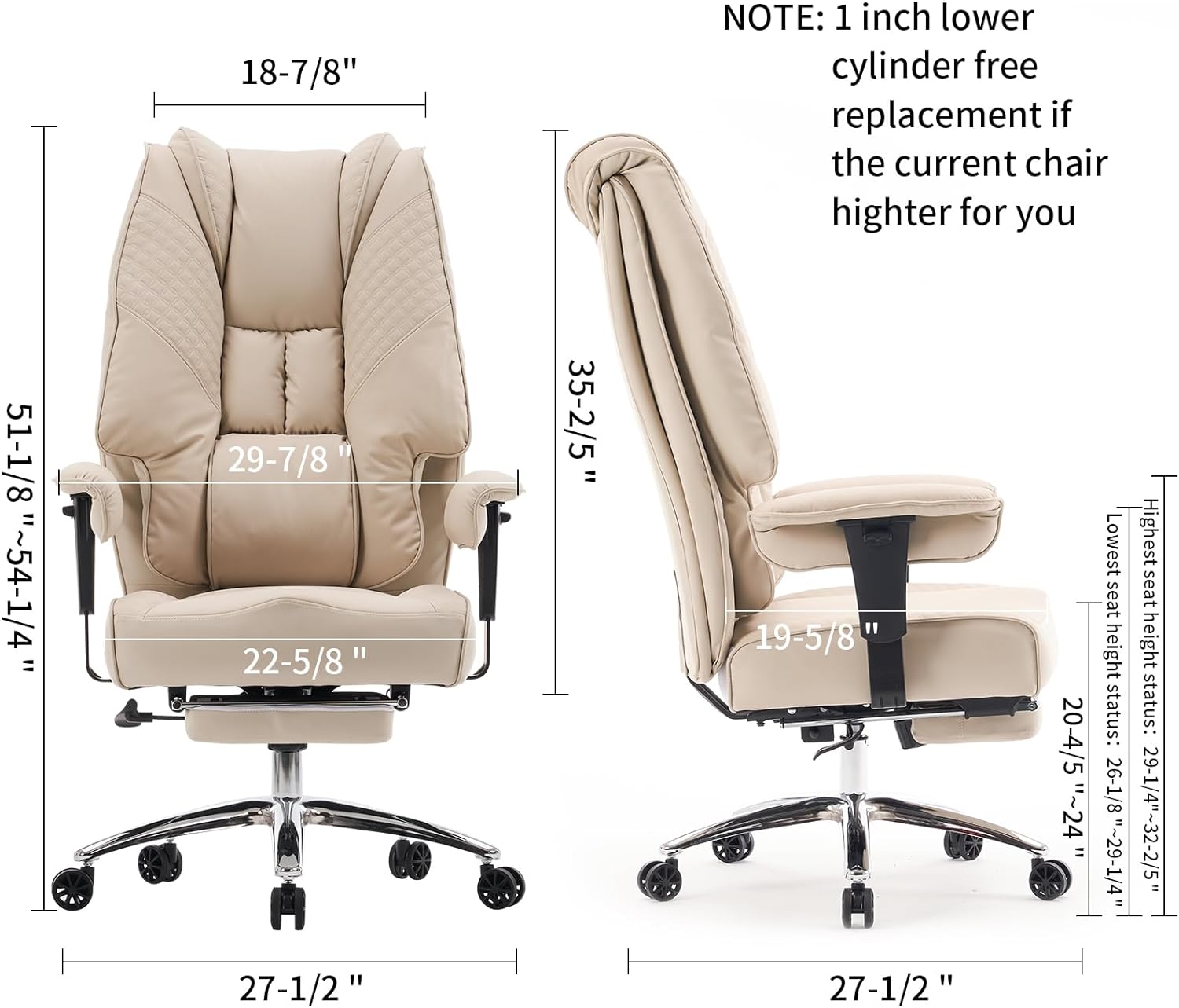 Hoher und breiter Bürostuhl für 181 kg, Chefsessel aus Leder mit hoher Rückenlehne und Fußstütze, ergonomischer Stuhl mit Lendenwirbelstütze zur Linderung von Rückenschmerzen (Beige)
