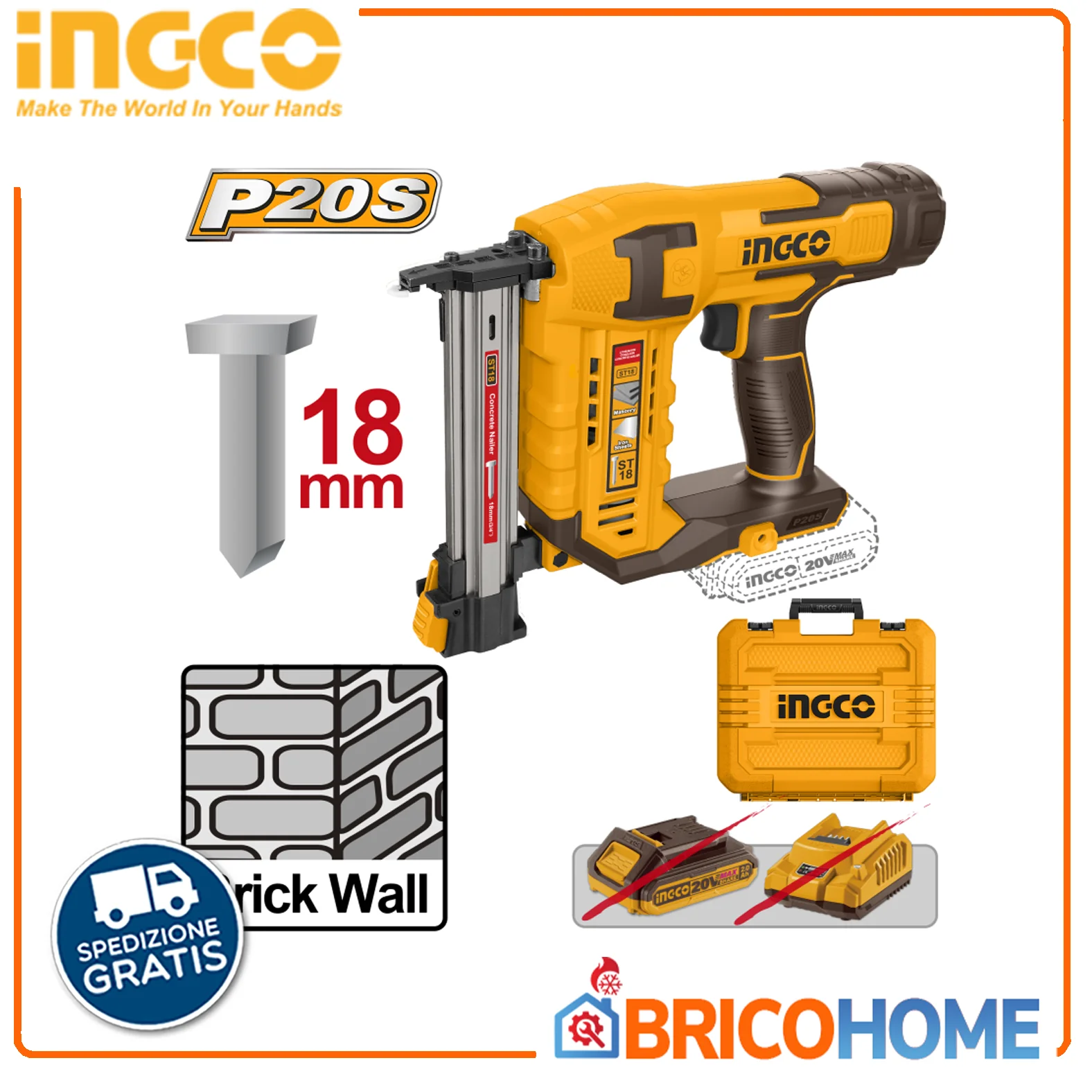 Cloueuse à béton 2025 avec clous de 18 mm, corps seul (20 V) - INGCO