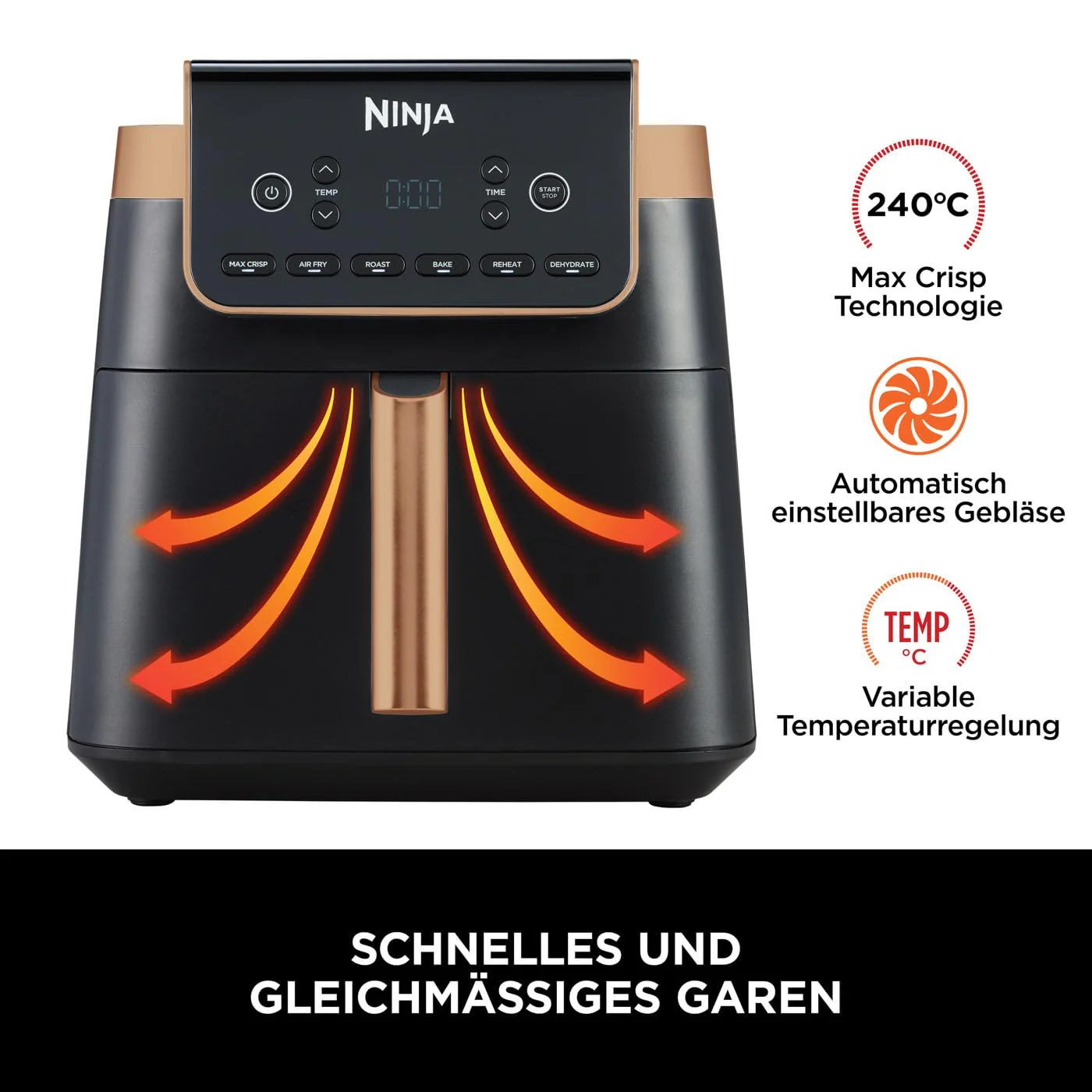 2025 Ninja MAX PRO Airfryer. 6,2 L Sort/Kobber. AF180EUCP + Ninja StaySharp Knivsæt Hvid. K62006EUWH + Ninja Foodi ZEROSTICK 28 cm Stegepande. Grå. C30028EU