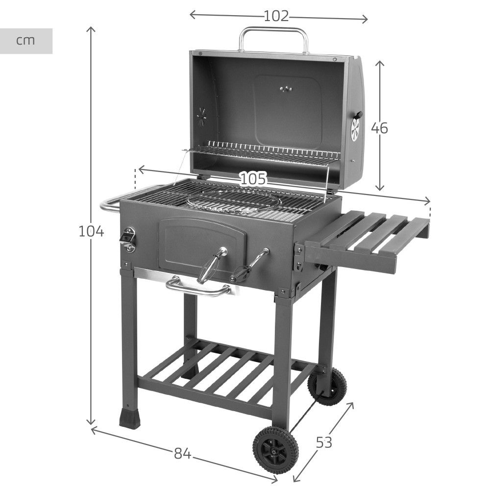 Tragbarer Holzkohlegrill mit Smoker, 102 x 65 x 104 cm – Stahl, Schwarz