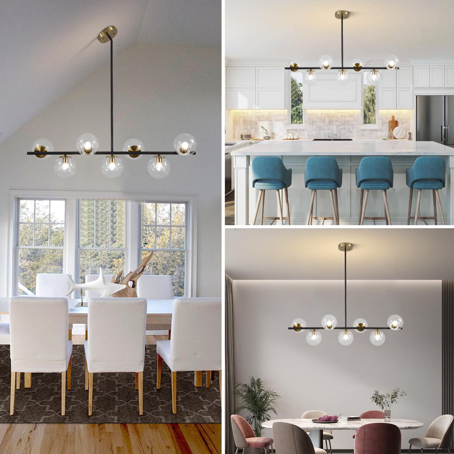 Moderne Esszimmerleuchte von KCO Lighting aus goldfarbenem Metall, Kücheninsel-Pendelleuchte aus weißem Glas, 7-flammig, E27, 80 cm höhenverstellbar