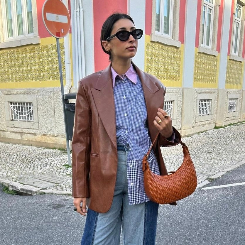Carmel - Hand Woven Leather Crescent Bag | Brown