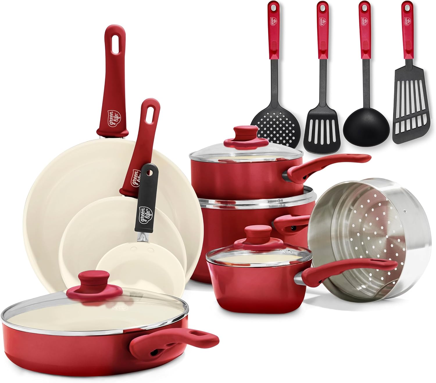 GreenLife Soft Grip 16-teiliges Antihaft-Keramik-Kochgeschirr-Set, bestehend aus Bratpfanne, Stielkasserolle und Topf, PFAS-frei, spülmaschinenfest, ofenfest, türkis