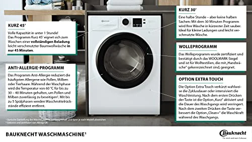 Bauknecht BPW 814 A Frontlader-Waschmaschine (Modelljahr 2025) / 8 kg / Leistungsstarke Fleckenentfernung / Clean Plus / 45-Minuten-Kurzprogramm / Anti-Allergy Plus / Automatische Beladungserkennung / Extra Touch-Option. Weiß