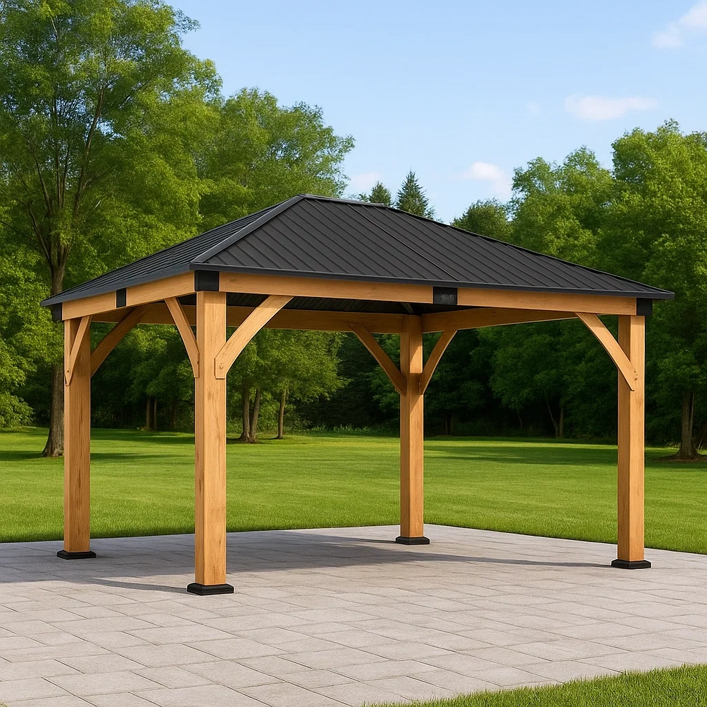 Pergola de jardin noire, structure en bois et toit en métal, pour usage extérieur, 441 x 380 x 285 cm