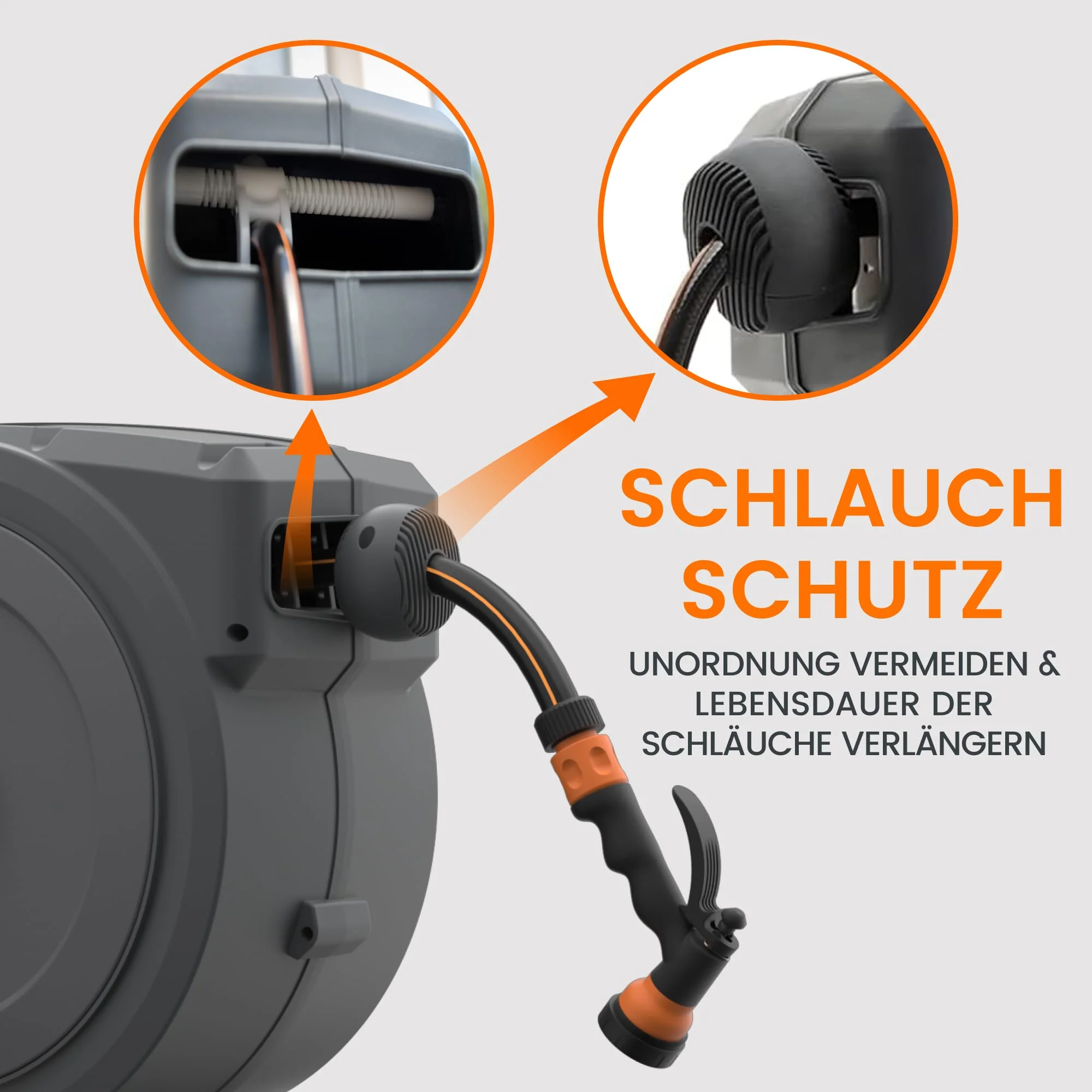 2025 Giraffe Tools automatisk vægmonteret slangeoprullerboks 35m + 2m. 180° roterende slangeopruller med 7 justerbare dyser og tilslutningsslange