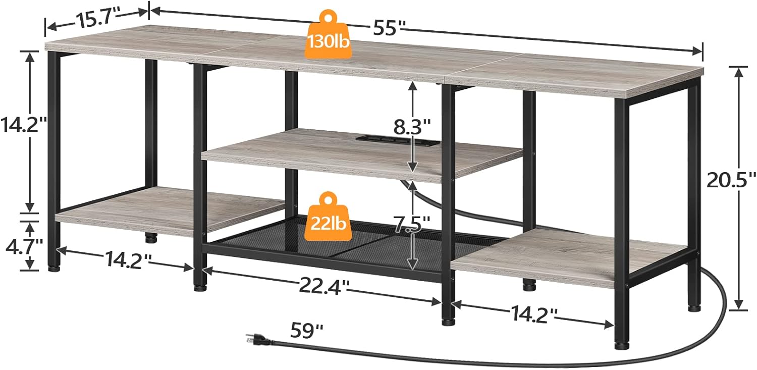 TV-Ständer mit integrierten Steckdosen für Fernseher bis zu 75 Zoll, Konsolentisch mit offenen Regalen, Entertainment-Center im Industrial-Stil für Wohn- oder Schlafzimmer, Rustikales Braun und Schwarz BF60DS01