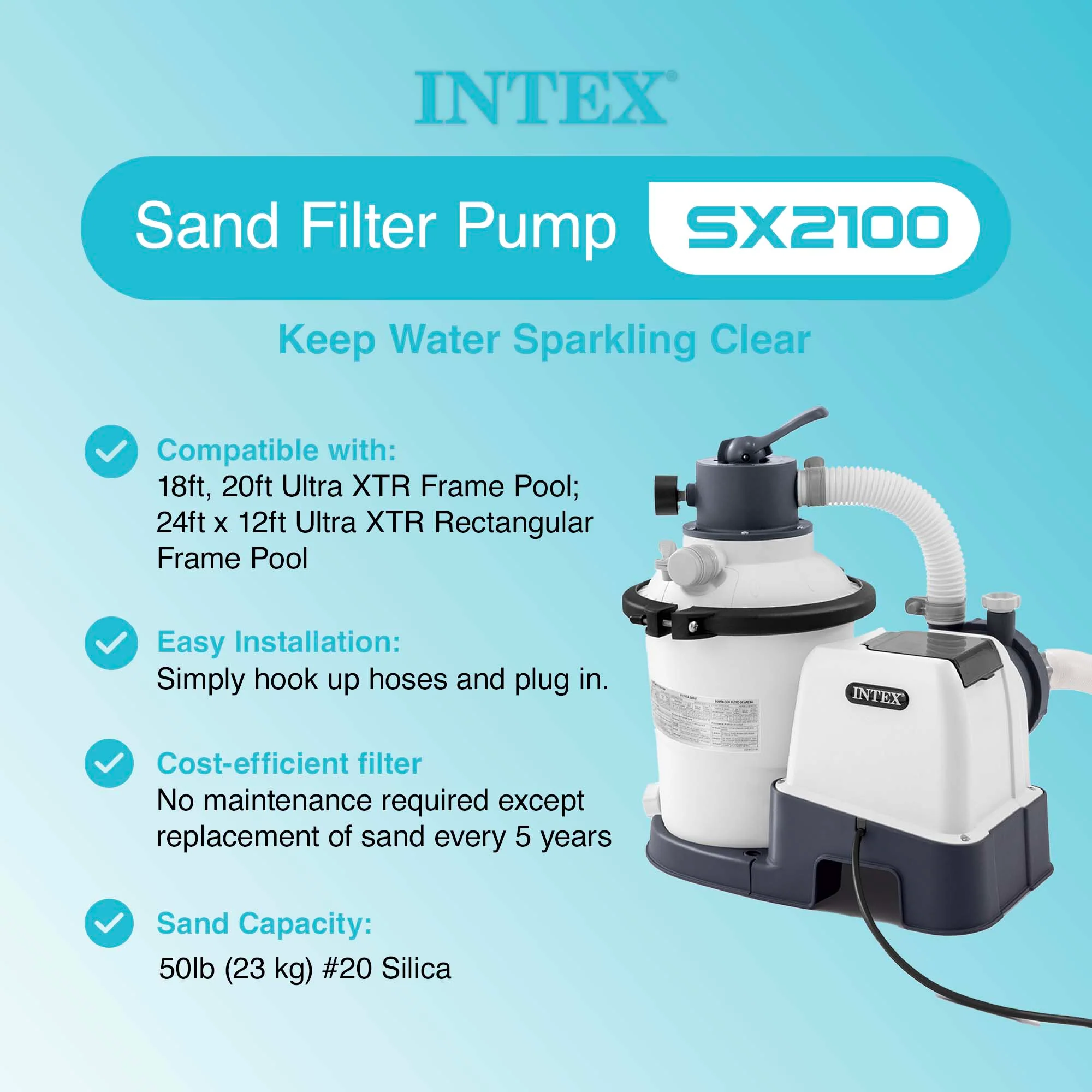 Pompe de filtration à sable pour piscine hors sol Intex 2100 GPH avec aspirateur automatique (modèle 2025).