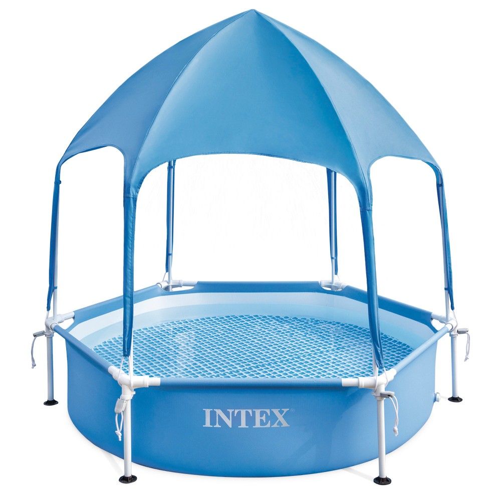 Intex Sechseckiger, rohrförmiger PVC-Aufstellpool Ø183x38 cm Blau mit Überdachung