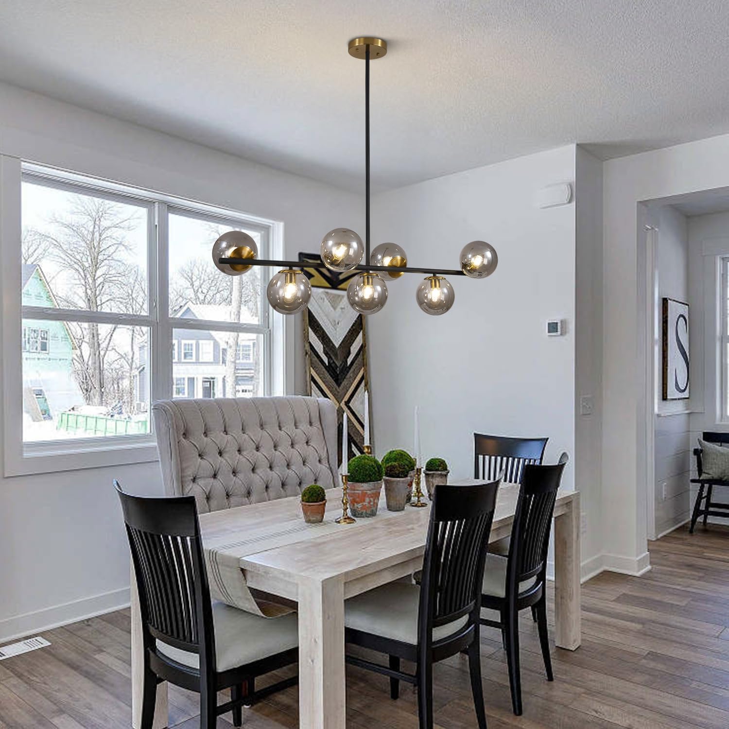 Moderne Esszimmerleuchte von KCO Lighting aus goldfarbenem Metall, Kücheninsel-Pendelleuchte aus weißem Glas, 7-flammig, E27, 80 cm höhenverstellbar