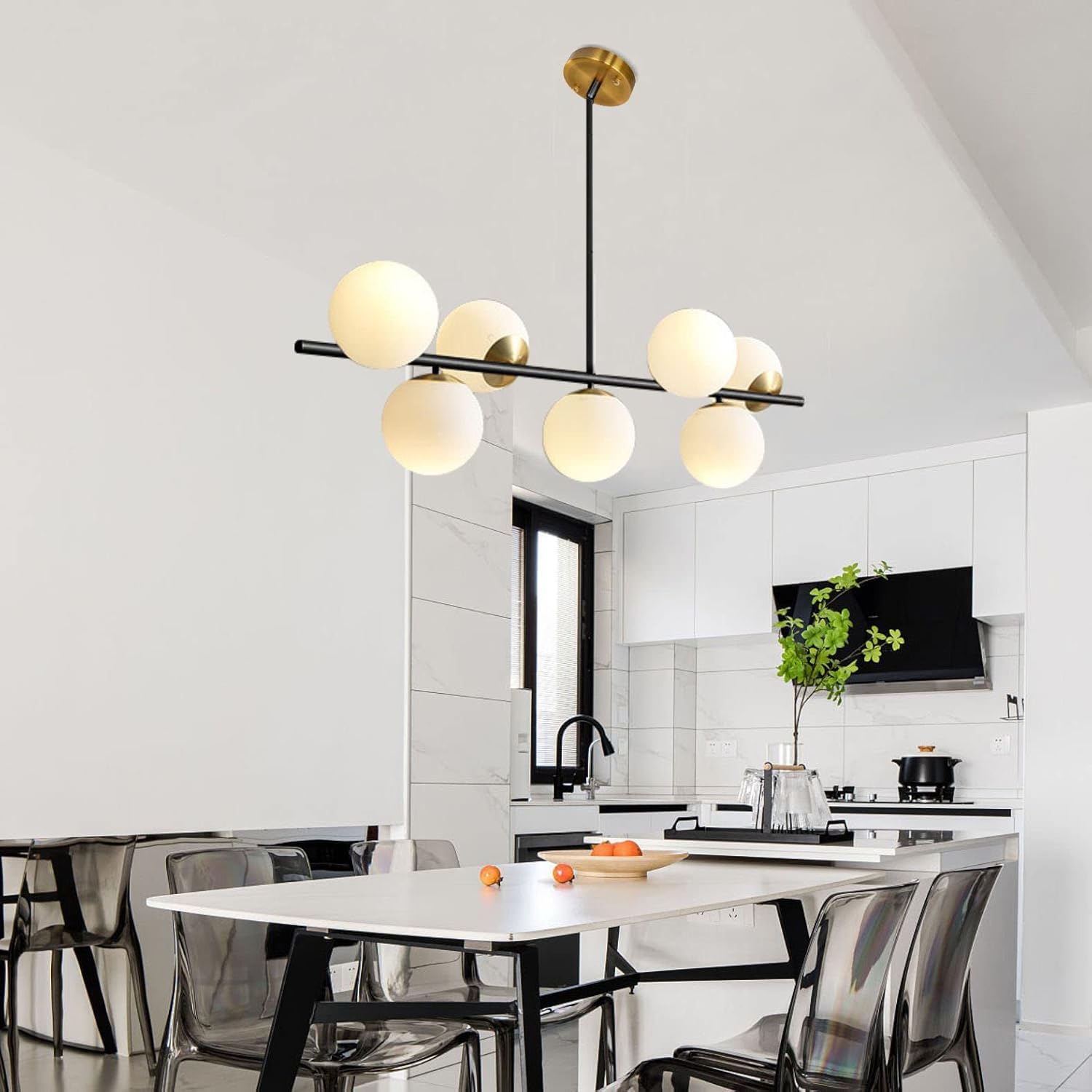 Moderne Esszimmerleuchte von KCO Lighting aus goldfarbenem Metall, Kücheninsel-Pendelleuchte aus weißem Glas, 7-flammig, E27, 80 cm höhenverstellbar