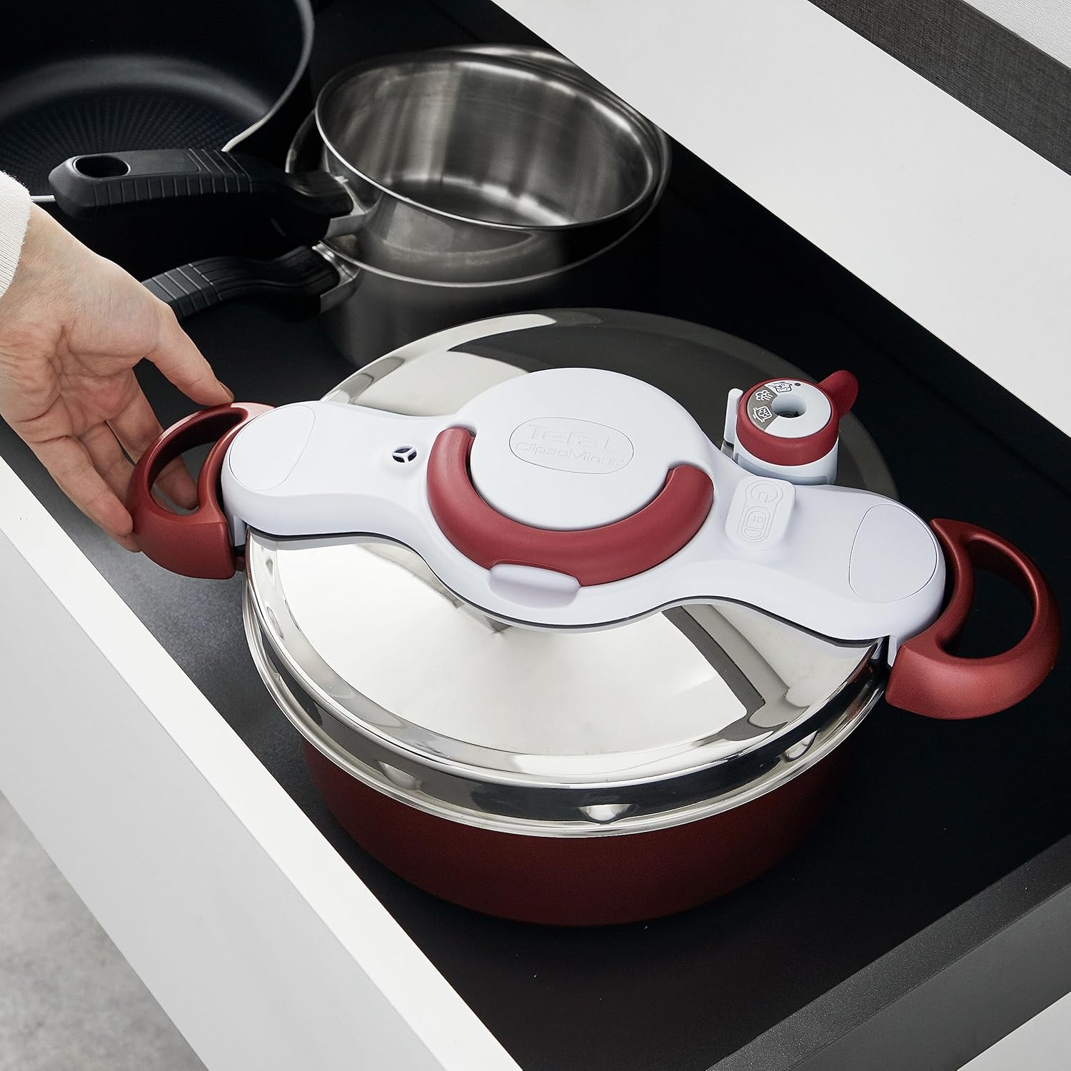 Tefal P47051 Clipso Minut Duo Aluminium-Schnellkochtopf mit 5 Sicherheitssystemen und einfacher Einhandbedienung, Grau/Rot, 5 l
