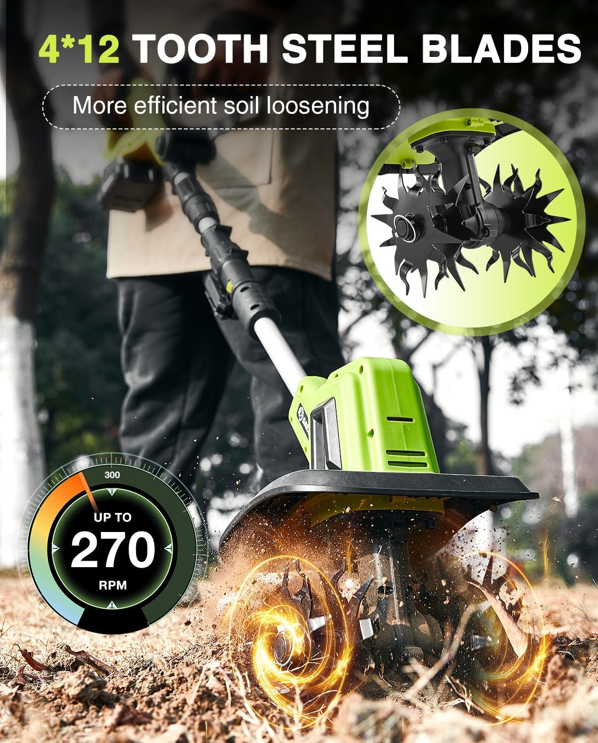 Motobineuse Électrique Sans Fil Saker 22V. Motoculteur Léger pour Jardinage. Largeur de Travail 9 pouces. Profondeur 6,3 pouces pour Préparation du Sol. Désherbage et Jardinage. avec 2 piles SK-TC18B