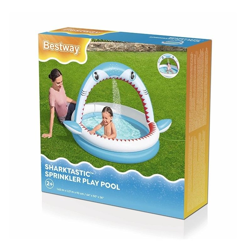 Bestway aufblasbares Kinderbecken mit 2 Haifischringen und Sprinkler, 163 x 127 x 92 cm, ab 2 Jahren, Garten 53