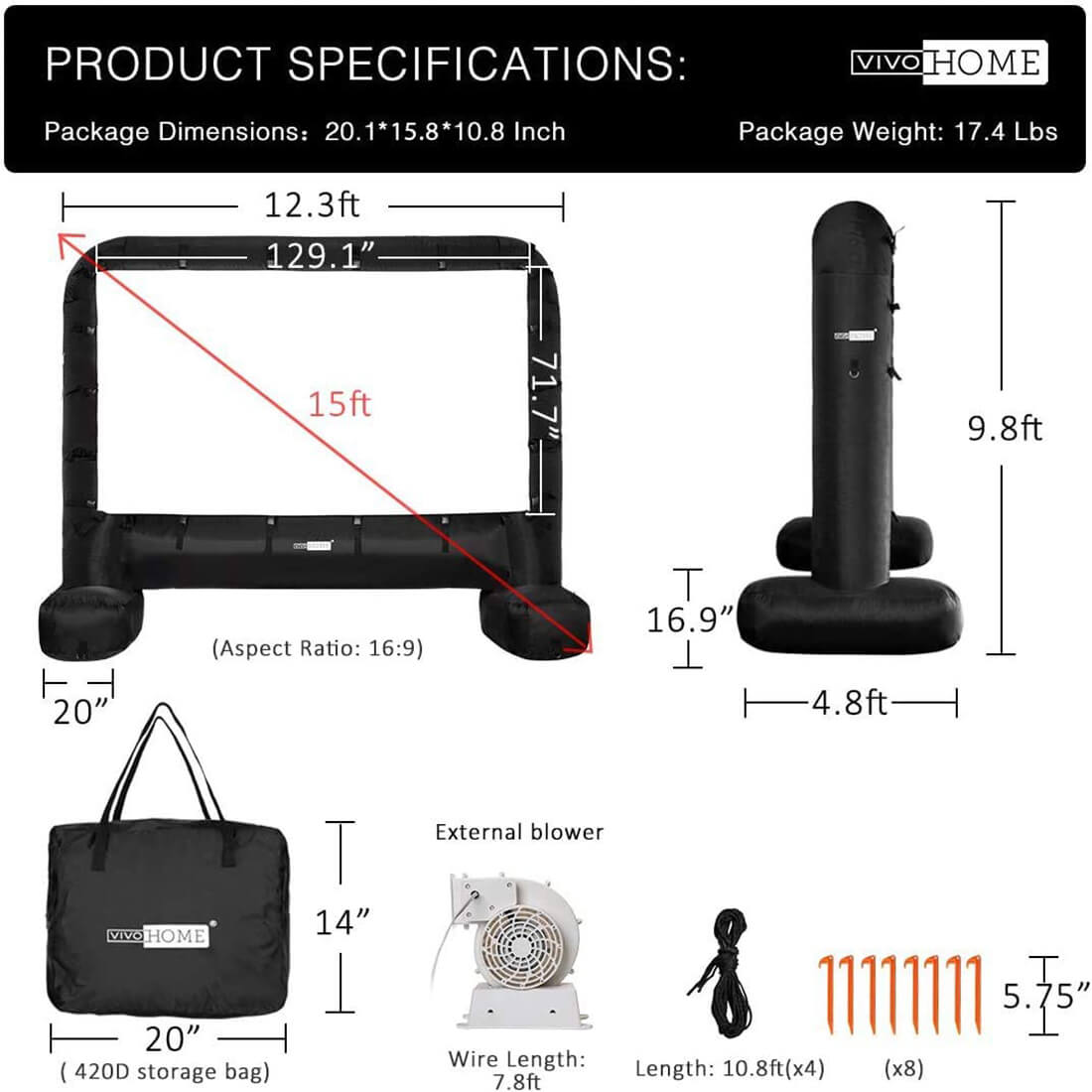 Aufblasbare Mega-Leinwand (4,27-5,18 m) für Front- und Rückprojektion