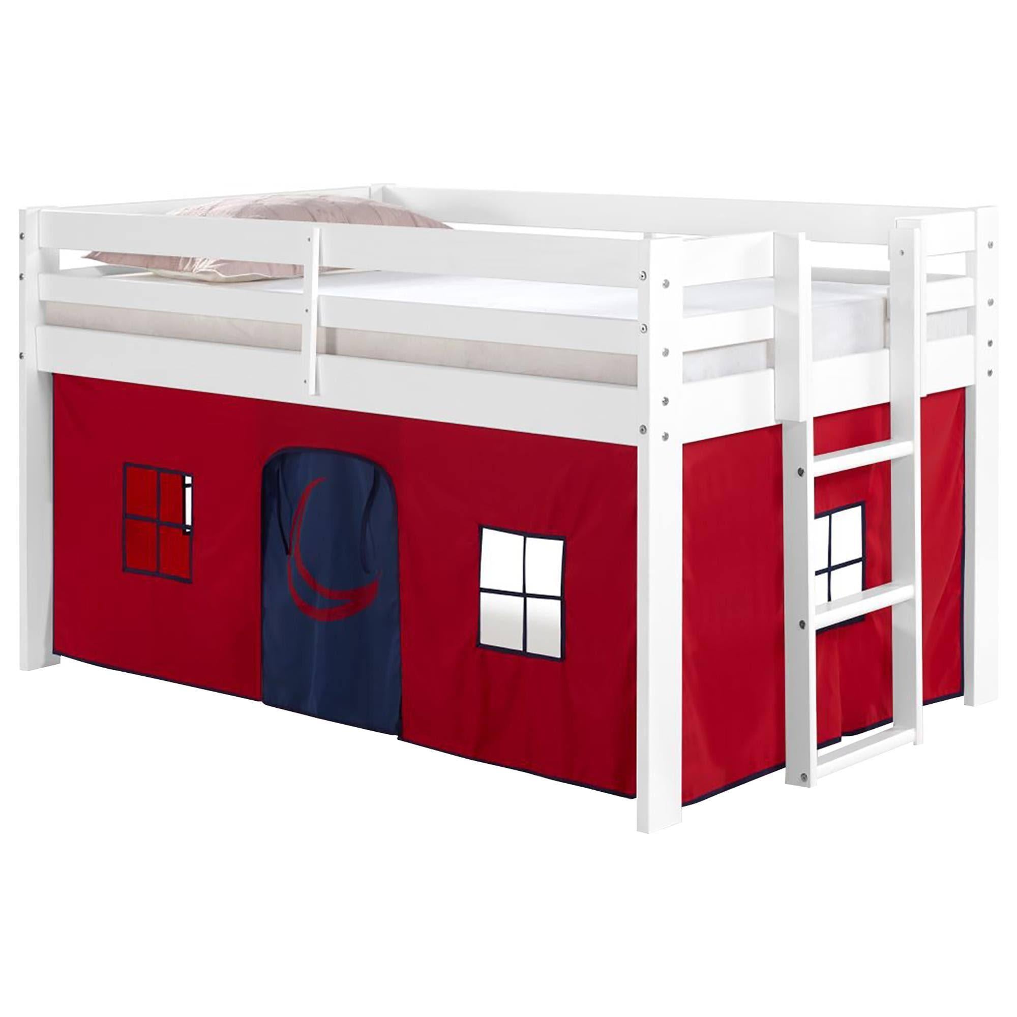 Lit mezzanine junior simple Jasper Alaterre 2025. Cadre blanc et cabane à jouets inférieure rouge/bleue