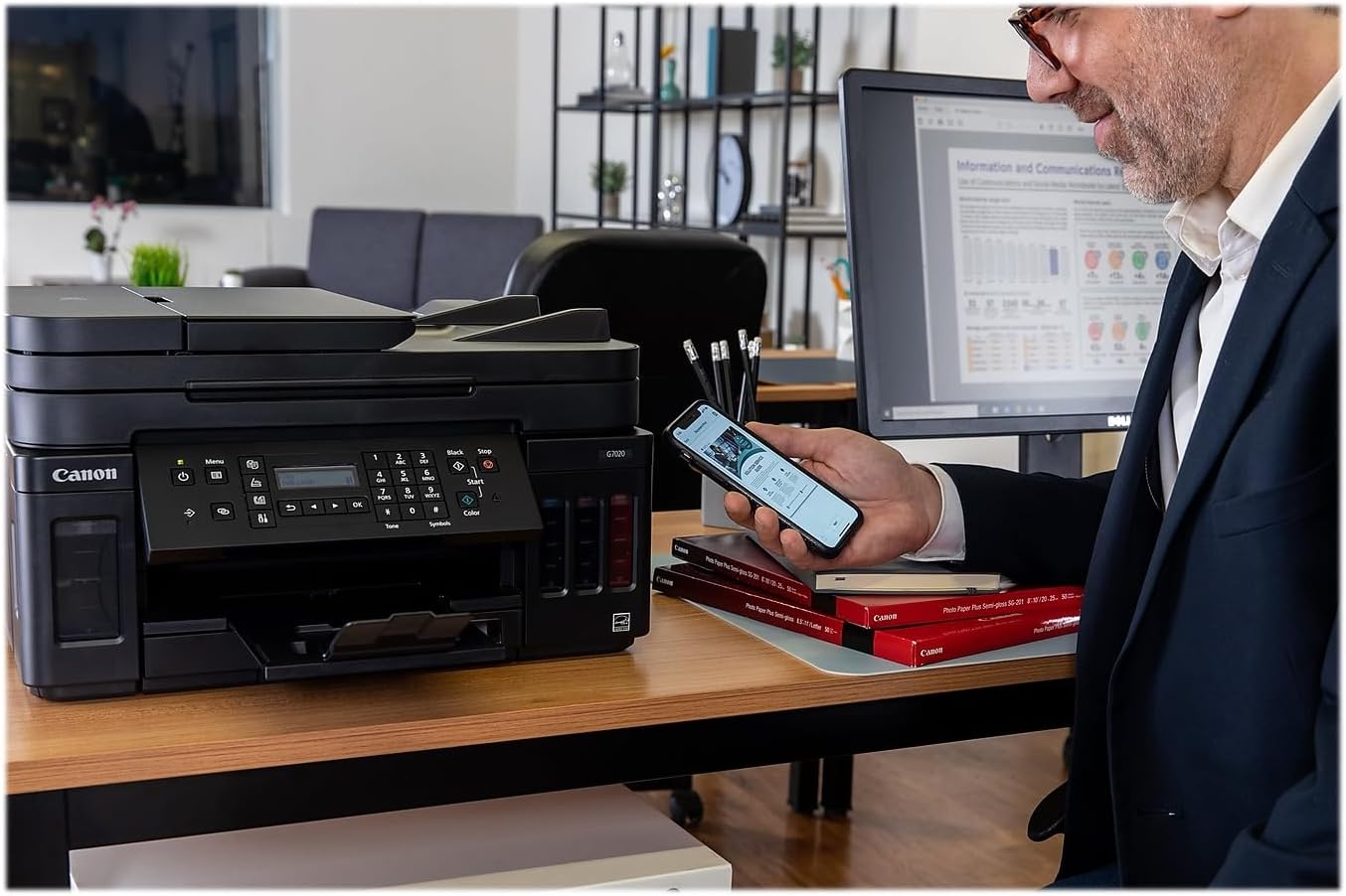 Imprimante multifonction pour bureau à domicile | Imprimante sans fil à réservoir d'énergie | Copieur | Scanner | Fax et chargeur automatique de documents avec impression mobile, Noir, Compatible Alexa