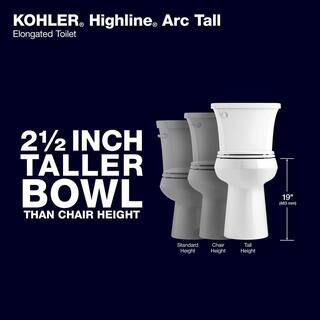 KOHLER Ekstra højt Highline Arc todelt toilet med enkelt skyl, 1,28 GPF. Aflangt. Hvidt (sæde inkluderet)
