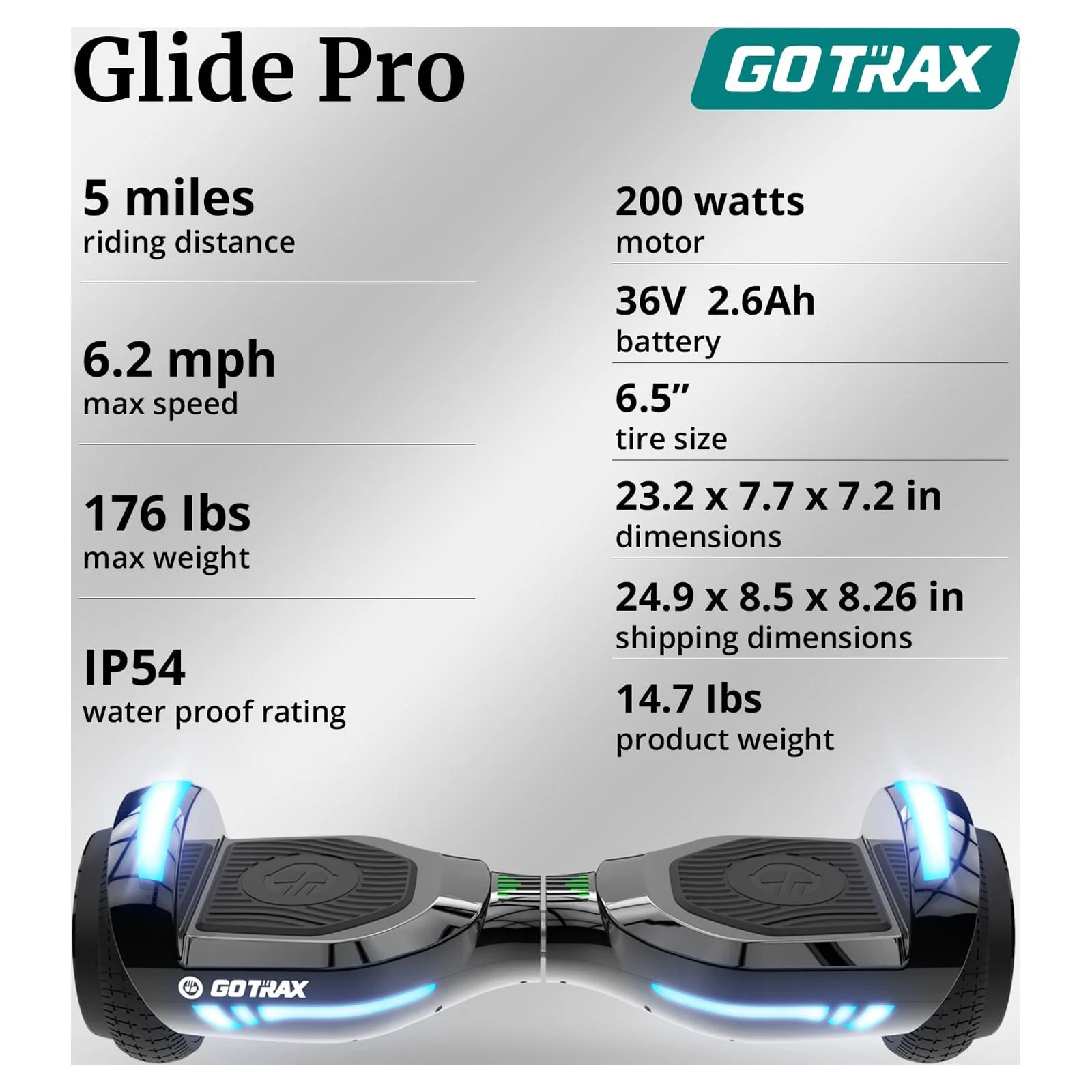 2025 GOTRAX GLIDE PRO Hoverboard med Bluetooth. 6,5-tommer hjul og 7-farvede flerfarvede LED-lys. Selvbalancerende løbehjul til børn og voksne (20-80 kg). Sølvfarvet.