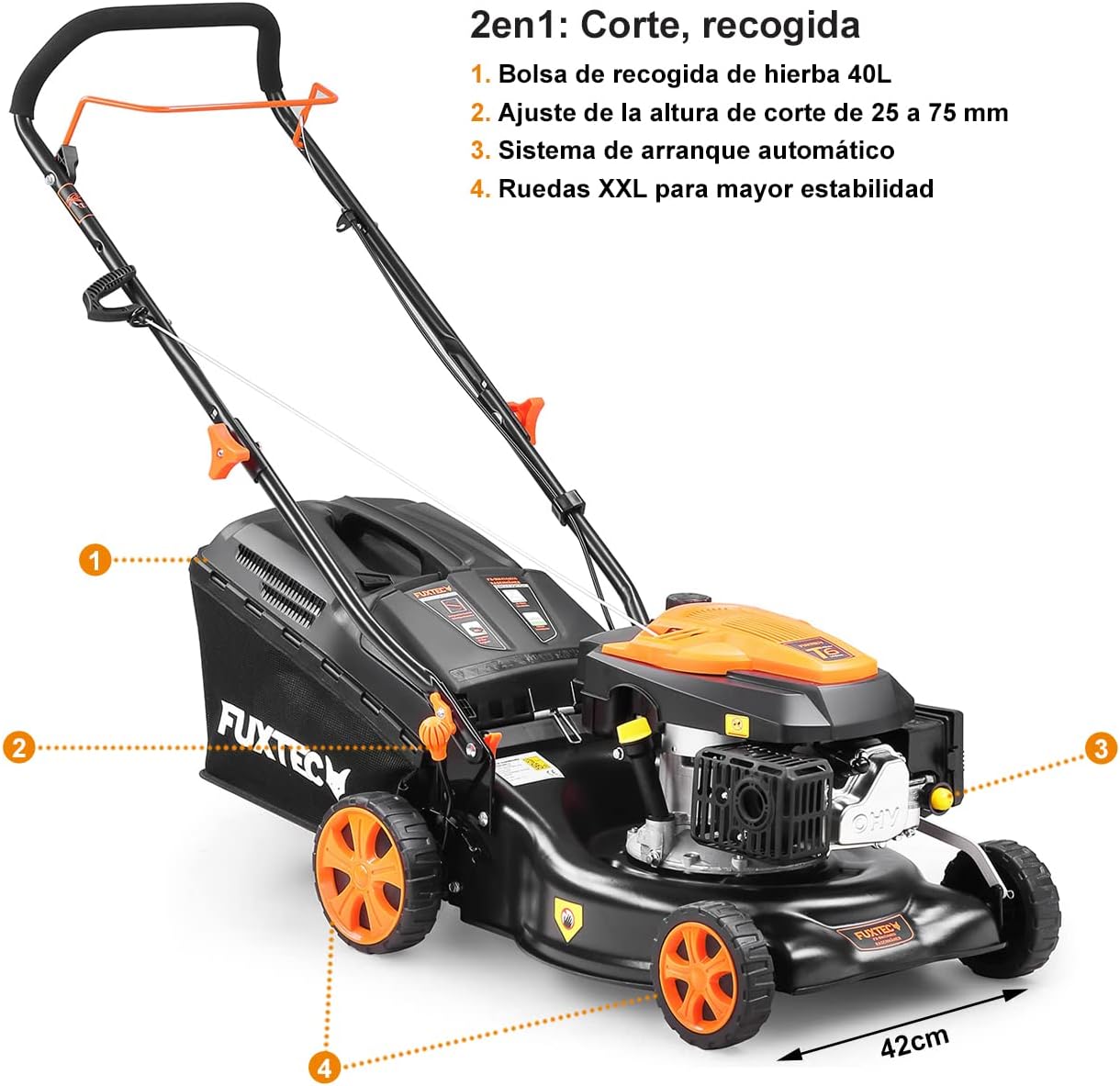 Tondeuse à gazon à essence FUXTEC FX-RM4646ECO, largeur de coupe de 46 cm, puissant moteur à essence de 146 cm³, nettoyage facile, 3 en 1, 2,6 kW, bac de ramassage mulching de 50 l.