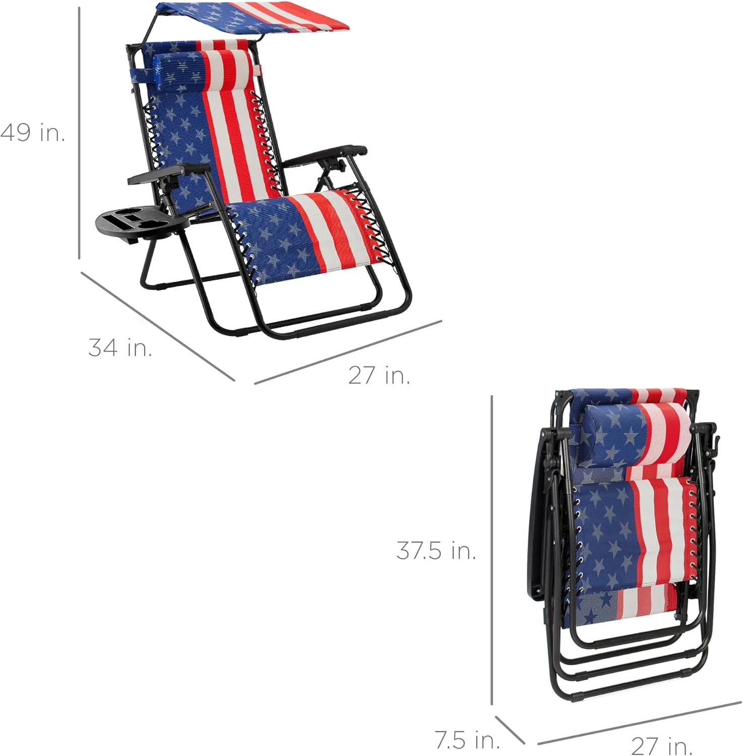 Bedste valg – Zero Gravity-lænestol til terrassen. Justerbar og foldbar udendørsstol med baldakin, nakkepude og sidebakke. Textilene – Påfugleblå