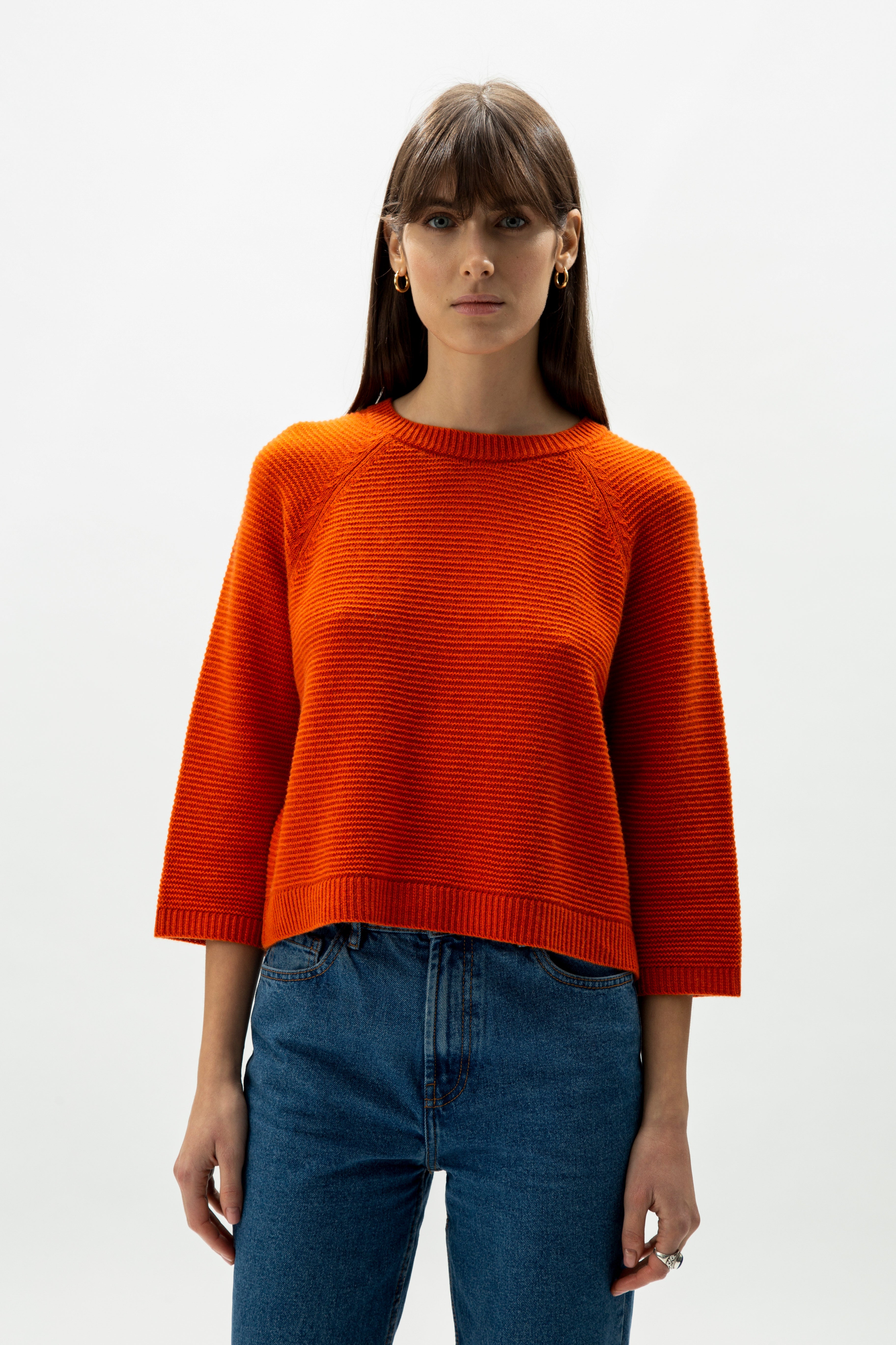 Cashmere Mix Cropped 3/4 Sleeve Pullover