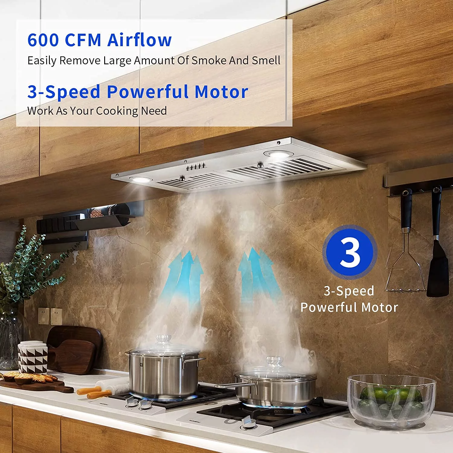 76 cm indbygget emhætte med kraftig udsugningsventil. 600 CFM