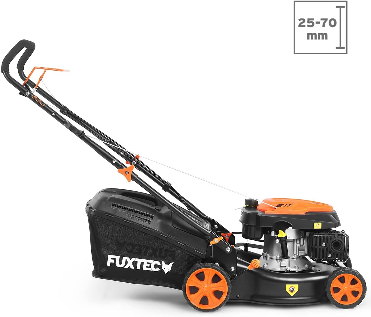 Tondeuse à gazon à essence FUXTEC FX-RM4646ECO, largeur de coupe de 46 cm, puissant moteur à essence de 146 cm³, nettoyage facile, 3 en 1, 2,6 kW, bac de ramassage mulching de 50 l.