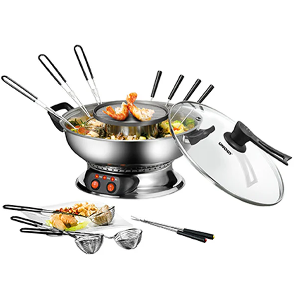 Casserole électrique en acier inoxydable 2025 avec fonction grill – 2 en 1 : fondue et grill de table. 3 niveaux de température.